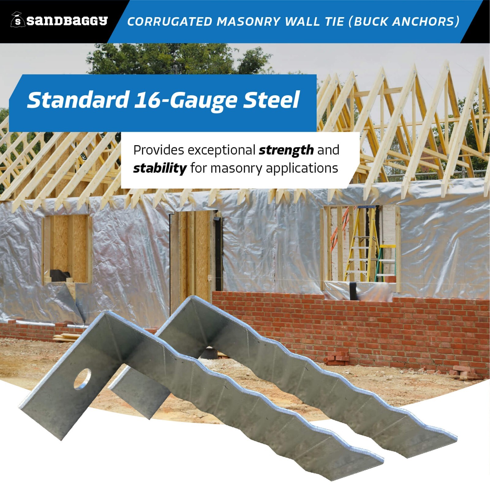 Sandbaggy Corrugated Masonry Wall Tie – Buck Anchor – 16 Ga (Hot Dip Galvanized)