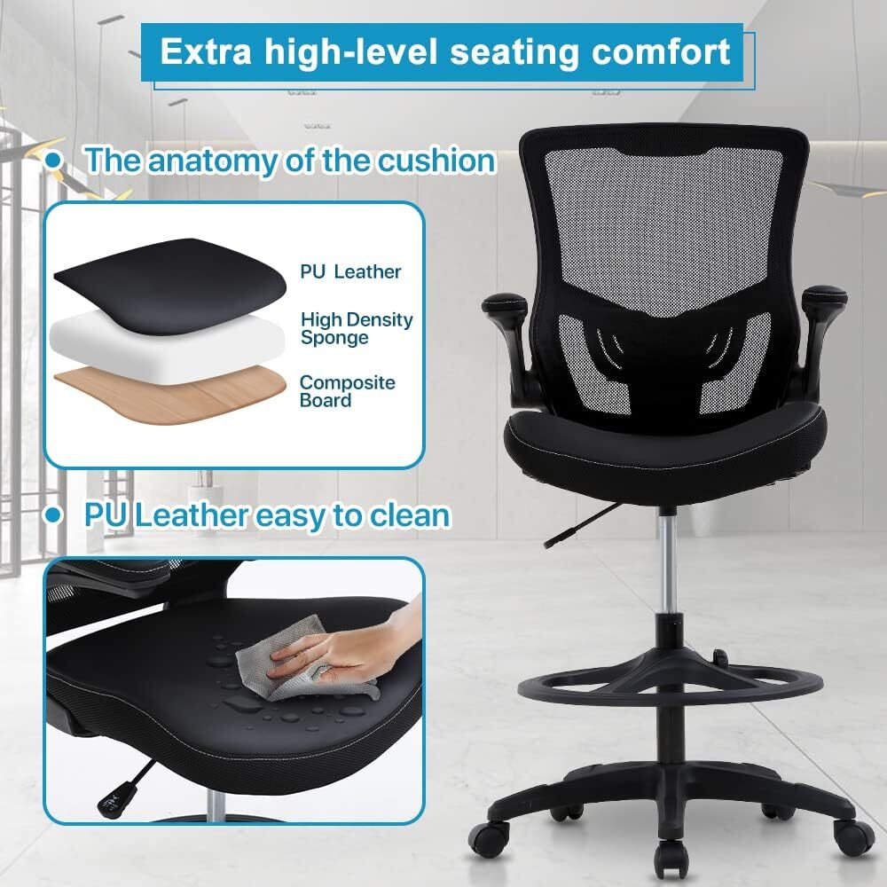 Drafting Chair Tall Office Chair Ergonomic Desh Chair with Lumbar Support Black