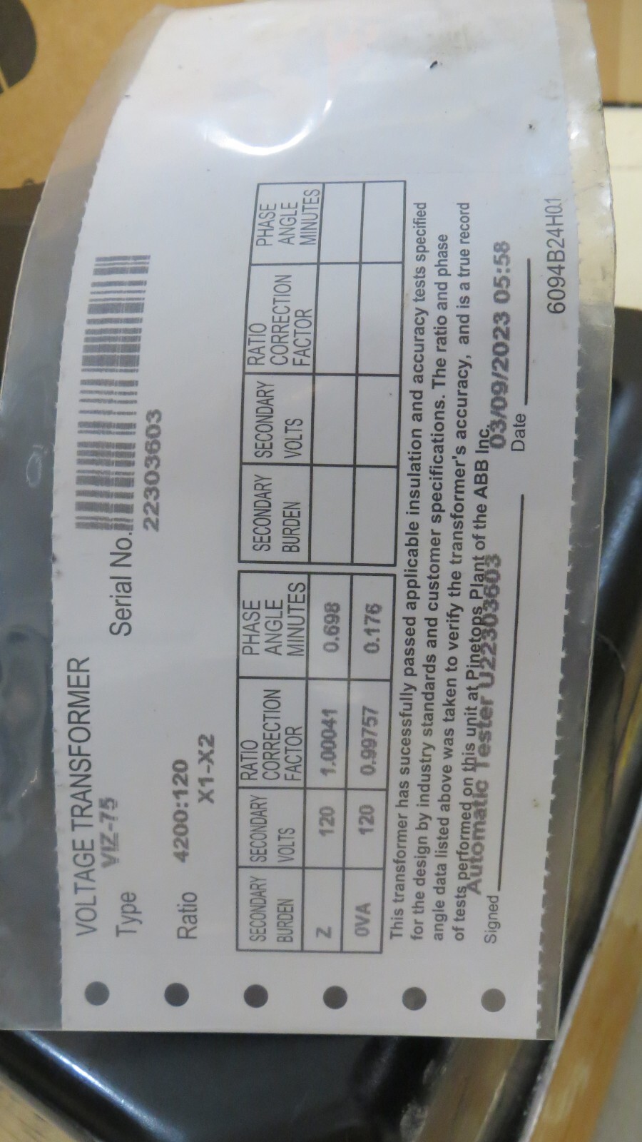 ABB 7525A71G02 – 35:1 VIZ-75 POTENTIAL TRANSFORMER 4200-120V, 35:1, L-to-G