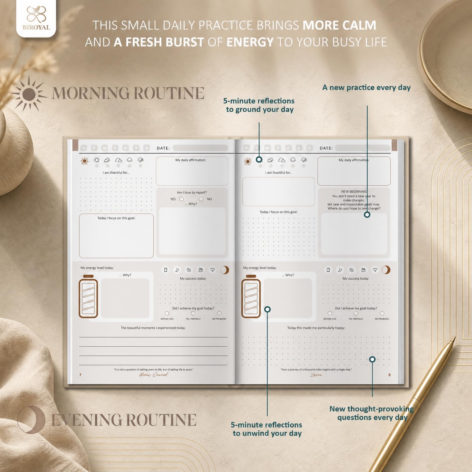 BIROYAL 5 Minute Gratitude Journal 2026 – Undated Daily Khaki