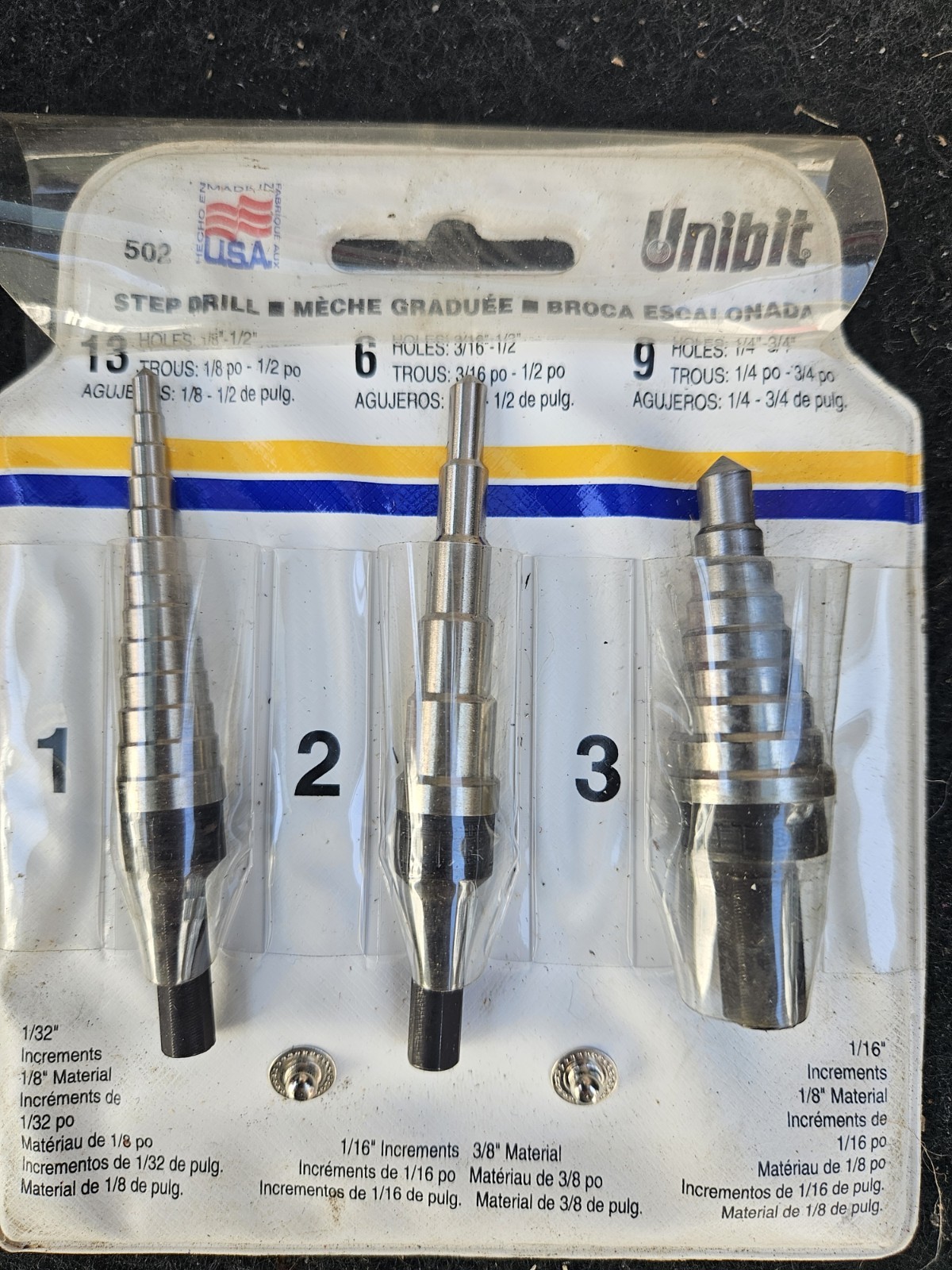 RARE Vintage Unibit 502 3-Piece Step Drill Bit Set NOS Made in USA #1 #2 #3