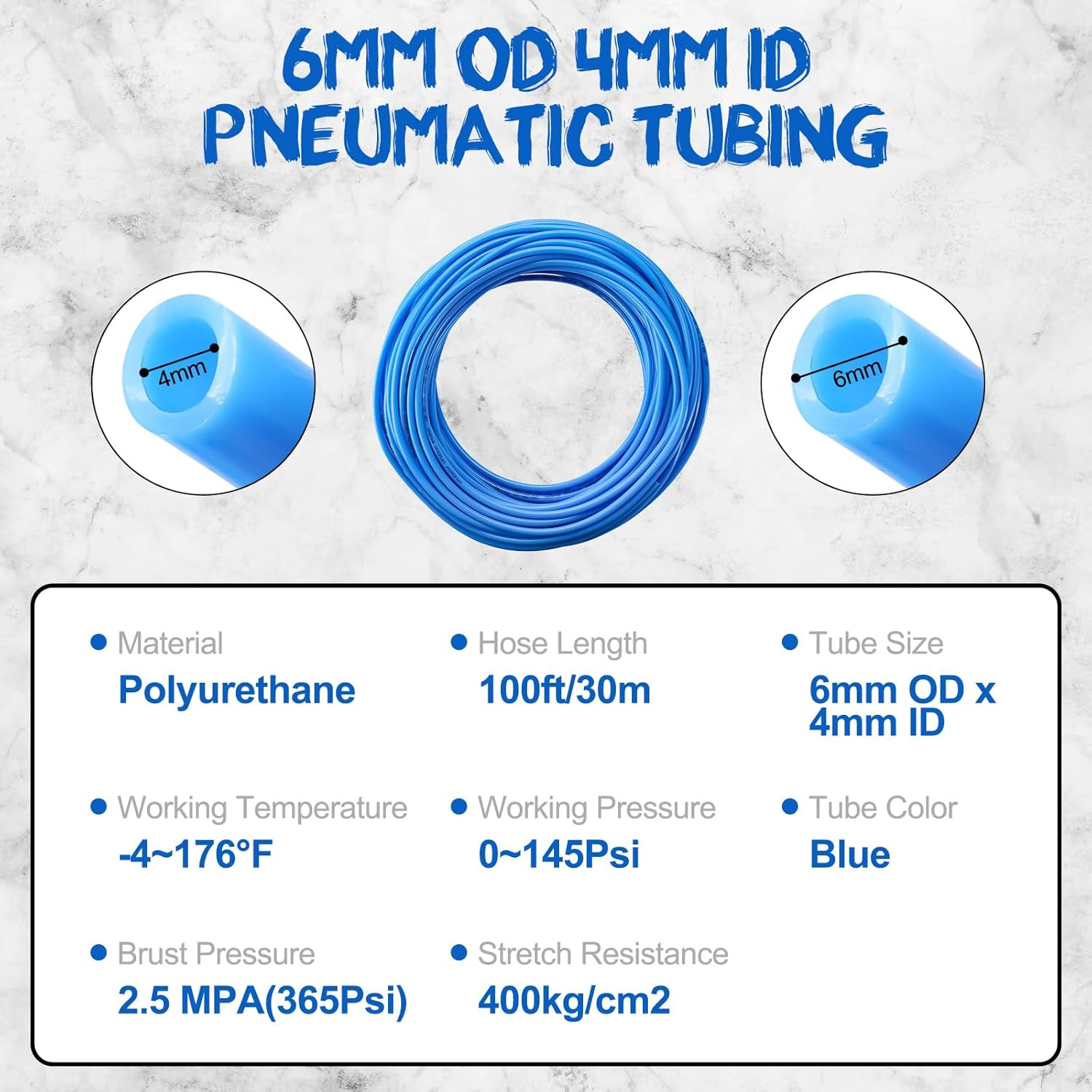 100Ft 6Mm OD 4Mm ID Polyurethane PU Air Hose Pipe Tube Kit, High Flexibility