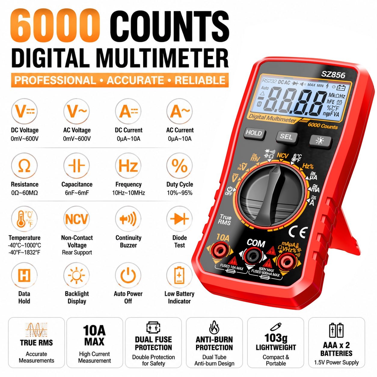 ANENG Digital Multimeter True RMS 6000 Counts Auto Ranging AC DC Voltage Tester