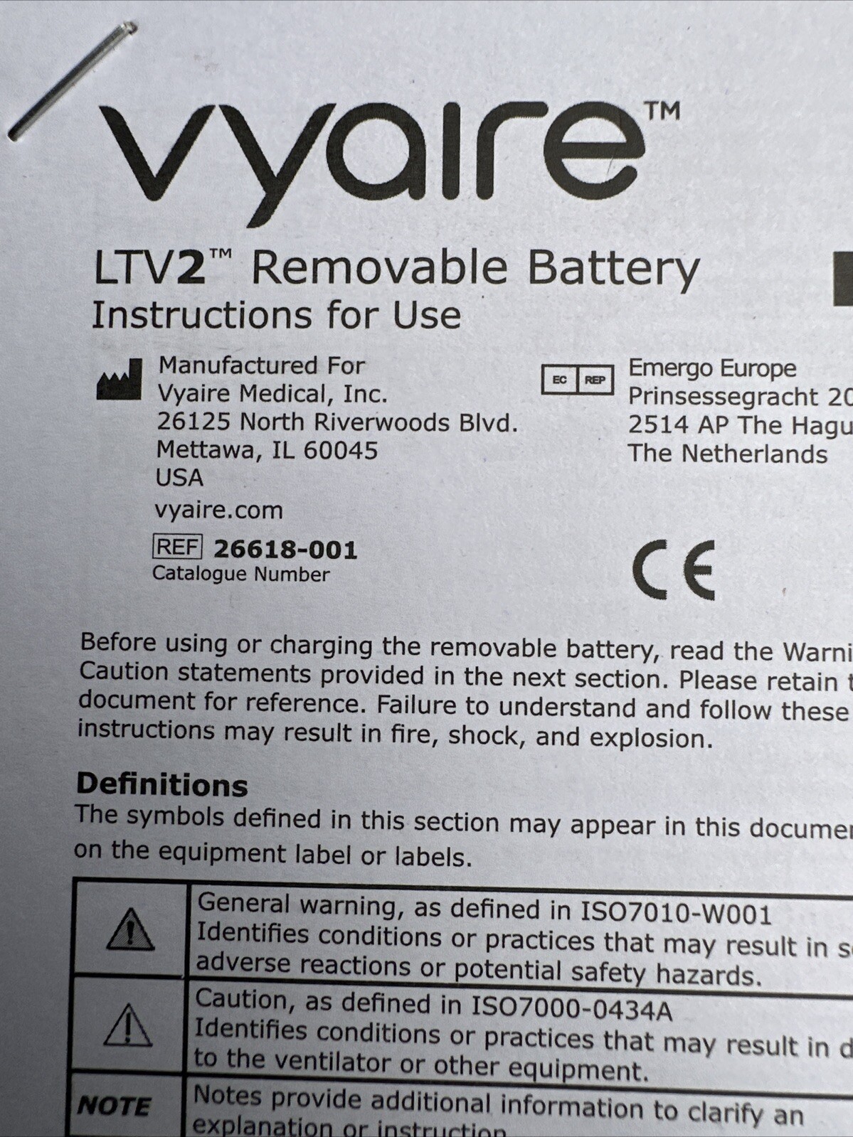 Vyaire LTV Ventilator Removable Battery, LTV2, REF # 26618-001