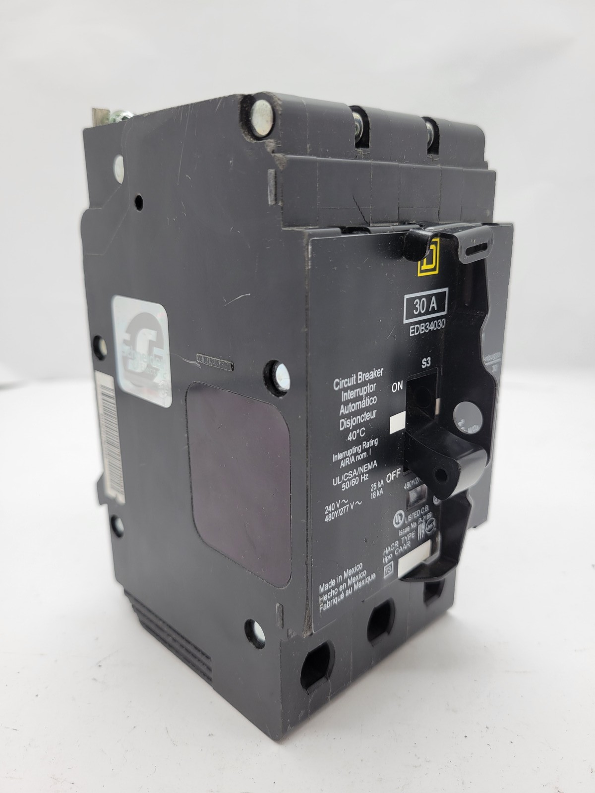 Square D EDB34035 Bolt On Circuit Breaker 35 Amp 480 Volt 3 Pole w/ lockout