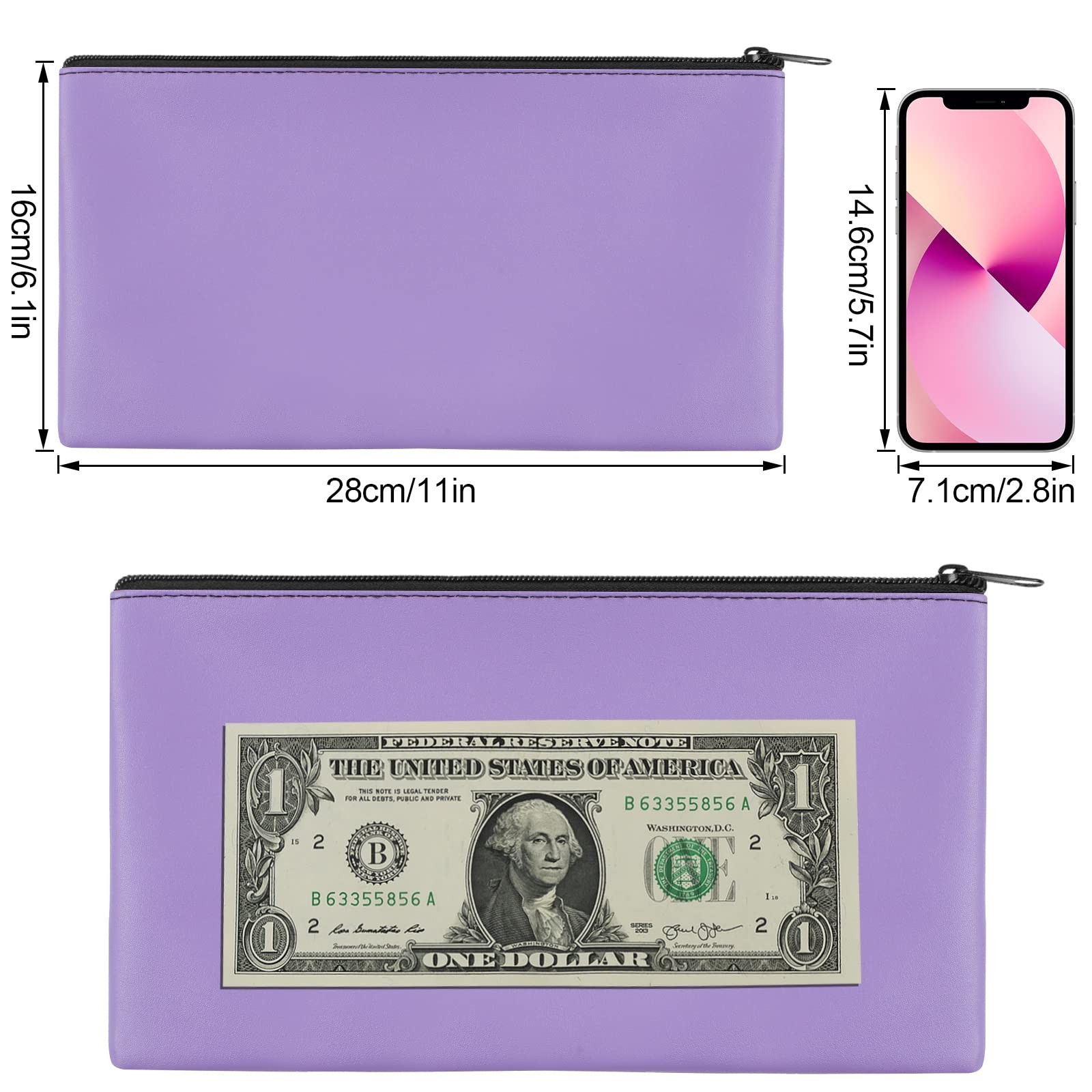 2 Pieces Money Bags with Zipper, 11×6.1 inch Pouch, 2 Pieces, Purple