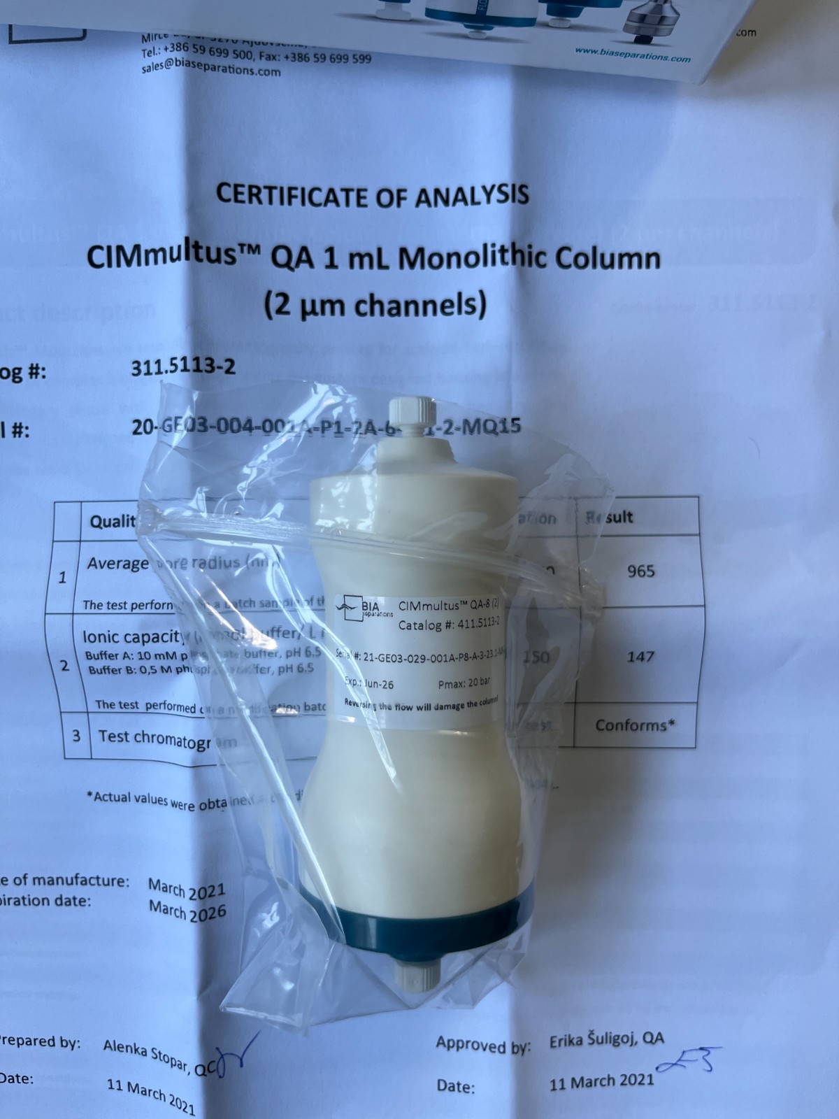 SARTORIUS/ BIA Separations CIMmultus QA 1 mL Monolithic Column (2 μm) 311.5113-2