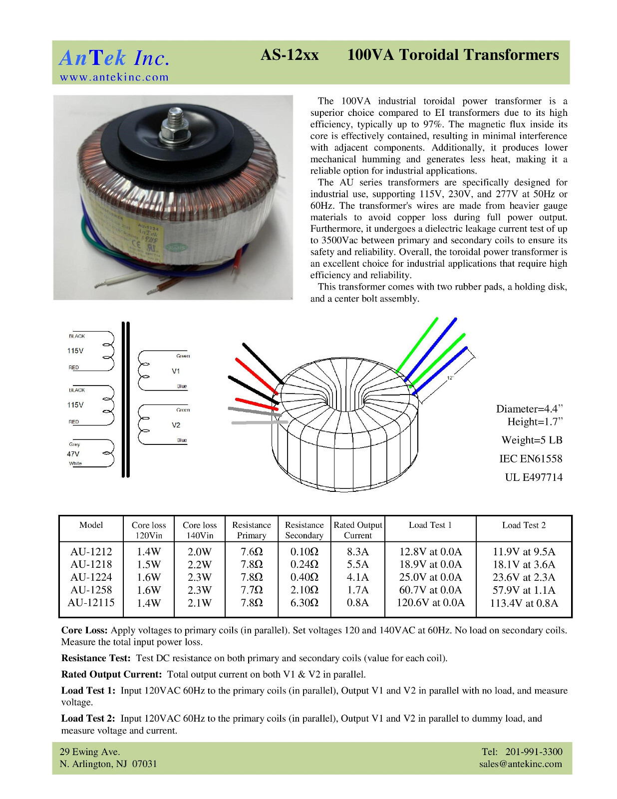 277V 240V 120V to 120V Isolation Power Transformer 100VA 58V/120V AU-1258 Antek