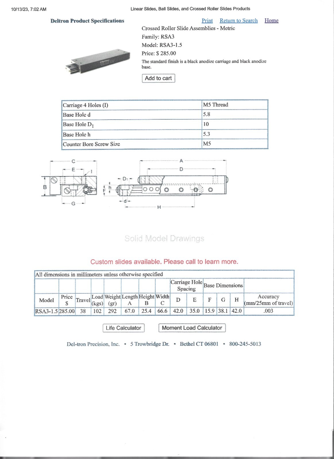 New Del-Tron Deltron RSA3-1.5 Ball Roller Slide Assembly #TS