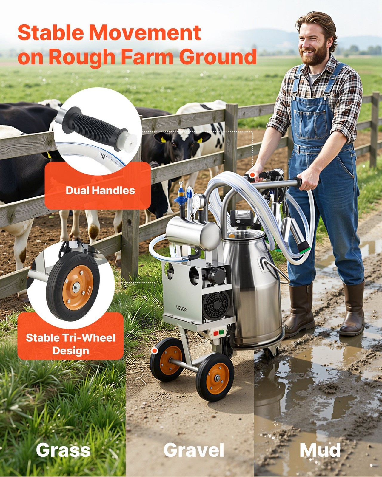 304 Stainless Cow Milker: 25L Bucket, 45-50kPa Vacuum, Pulsation, Wheels