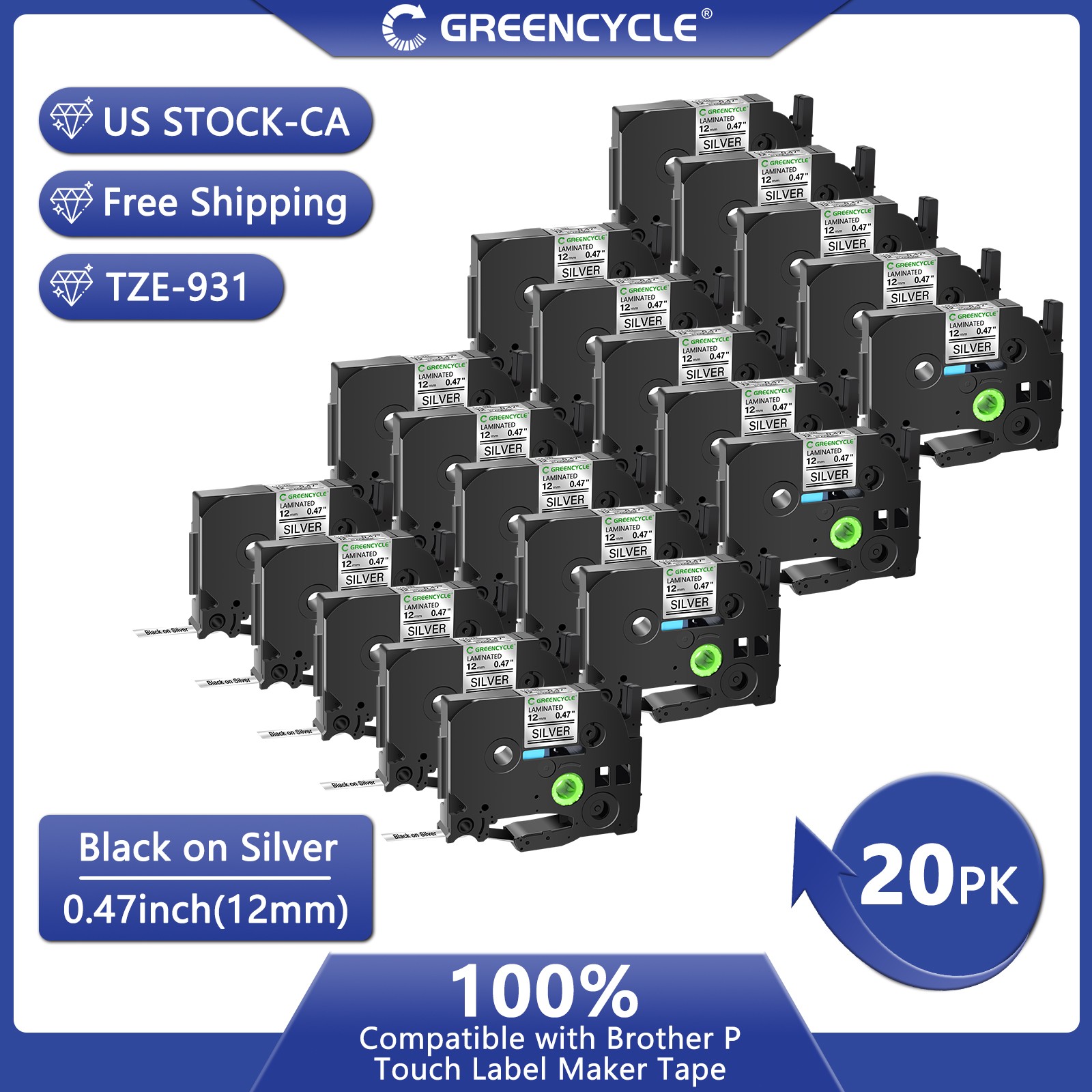 20x Compatible for Brother TZ Tze931 0.47» Black on Silver Laminated Label Tape