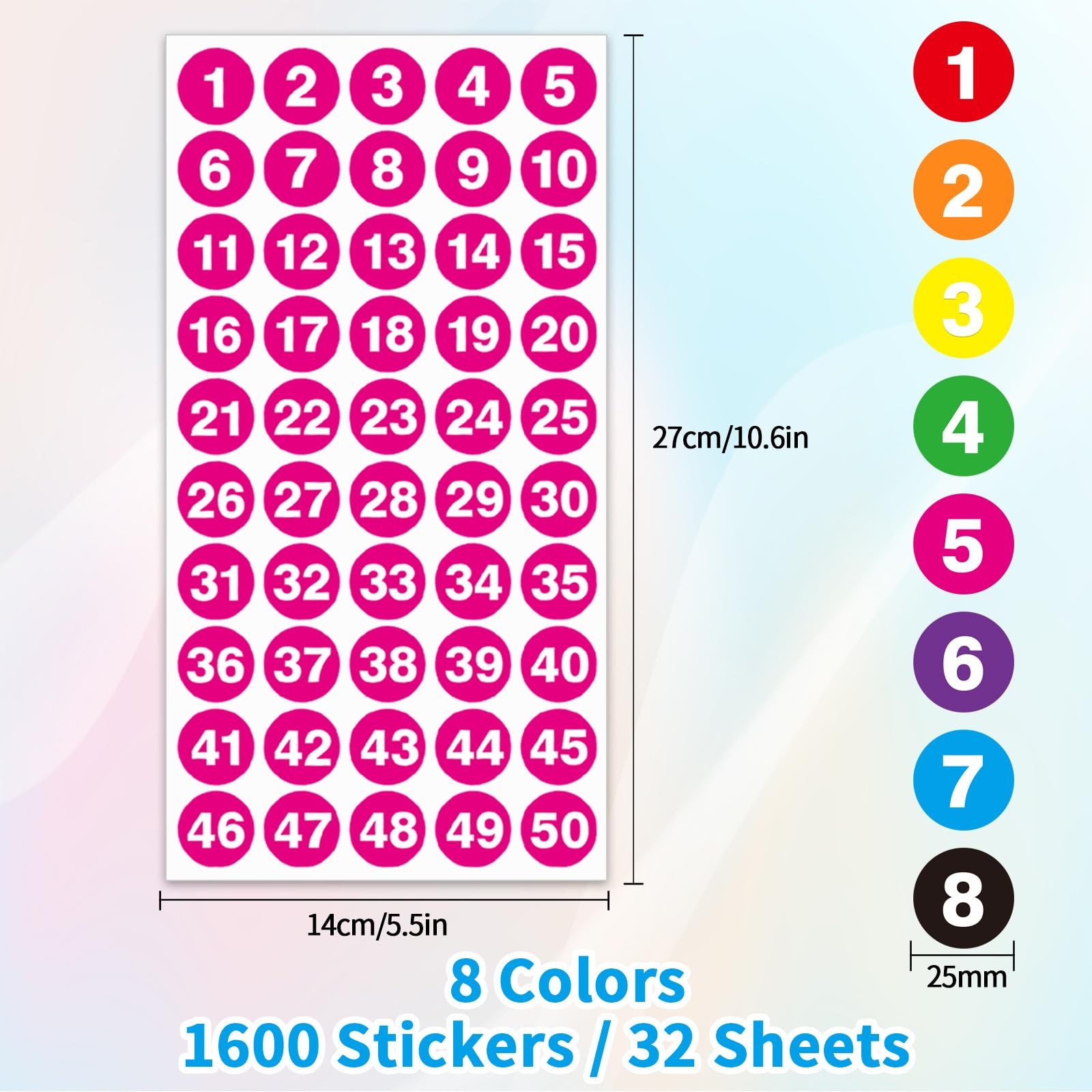 Consecutive Number Labels Stickers, 1600 Pcs 1″ Colored 1 inch, 8 Colors