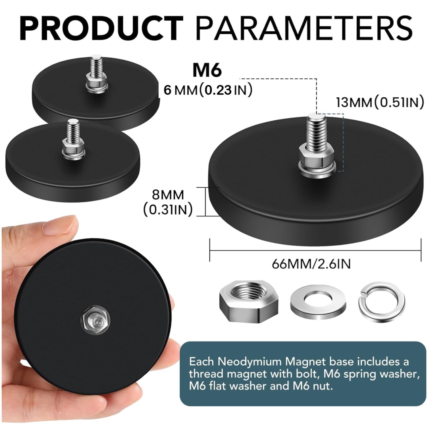Rubber Coated Magnets 2.6in 65lbs | 12pcs, M6 Threaded Studs