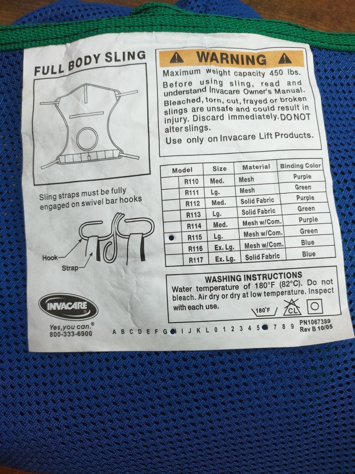 Invacare R115 Large Full Body Sling w/ Commode for Patient Lift Blue Mesh Manual