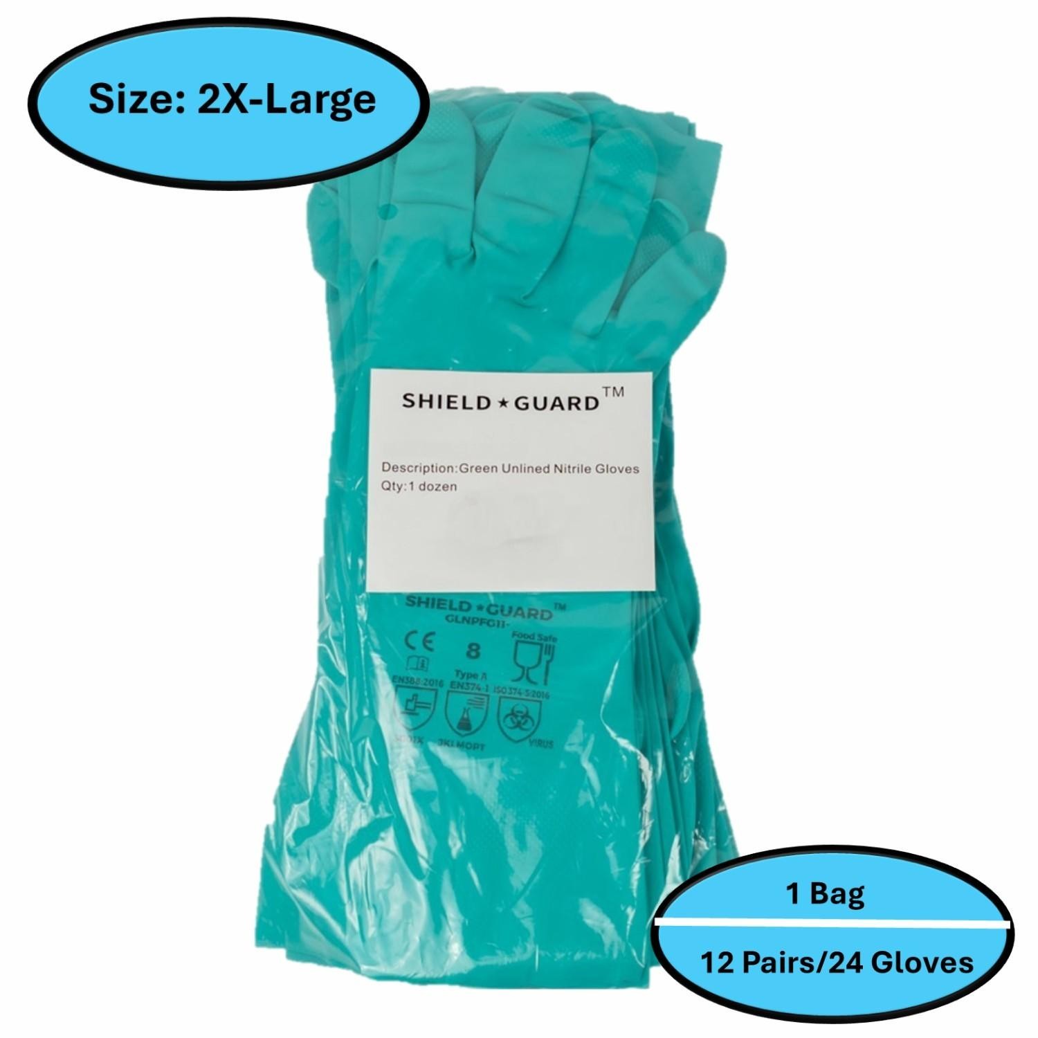 1 DZ 11 Mil HD Chemical Resistant Diamond Textured Green Nitrile Gloves 2X-Large