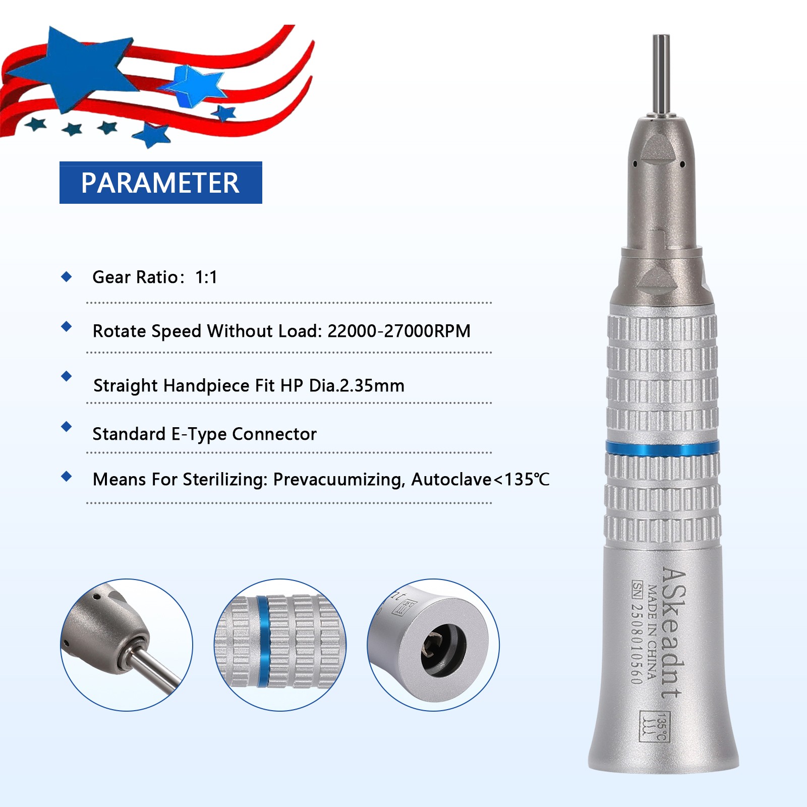 Dental Low Speed handpiece Straight Nose Cone 1:1 Direct Drive YP UPS L