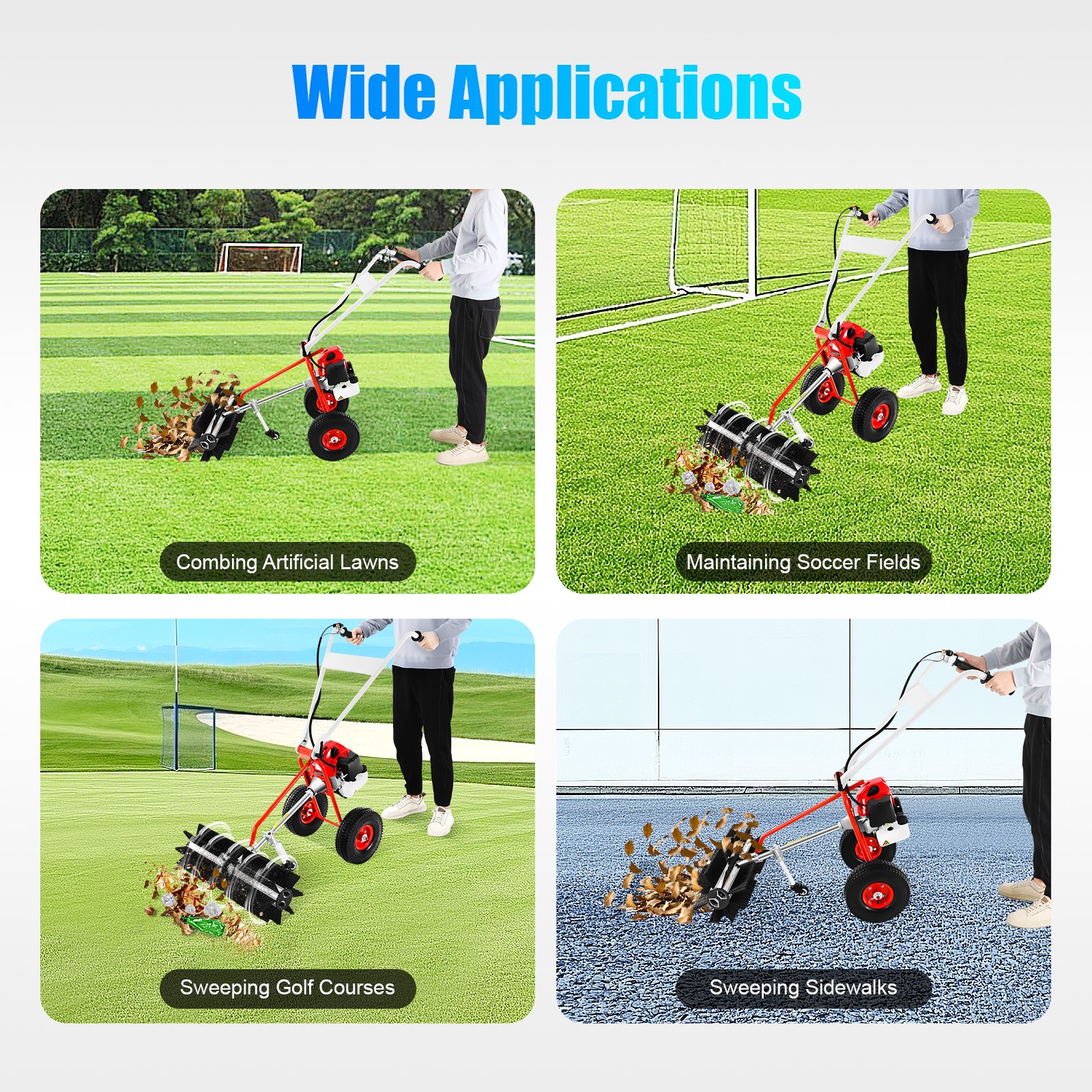 43CC 1.7HP Walk Behind Power Sweeper Broom 2-Stroke Gas Engine Sweeper Lawn Turf