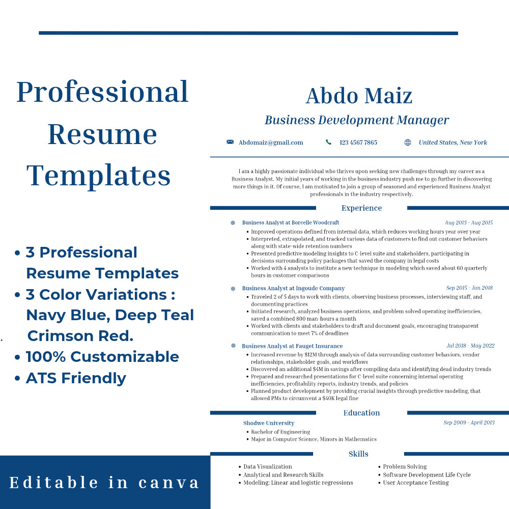 Professional 3 Resume CV Templates | Canva Editable | 3 Colors | ATS friendly