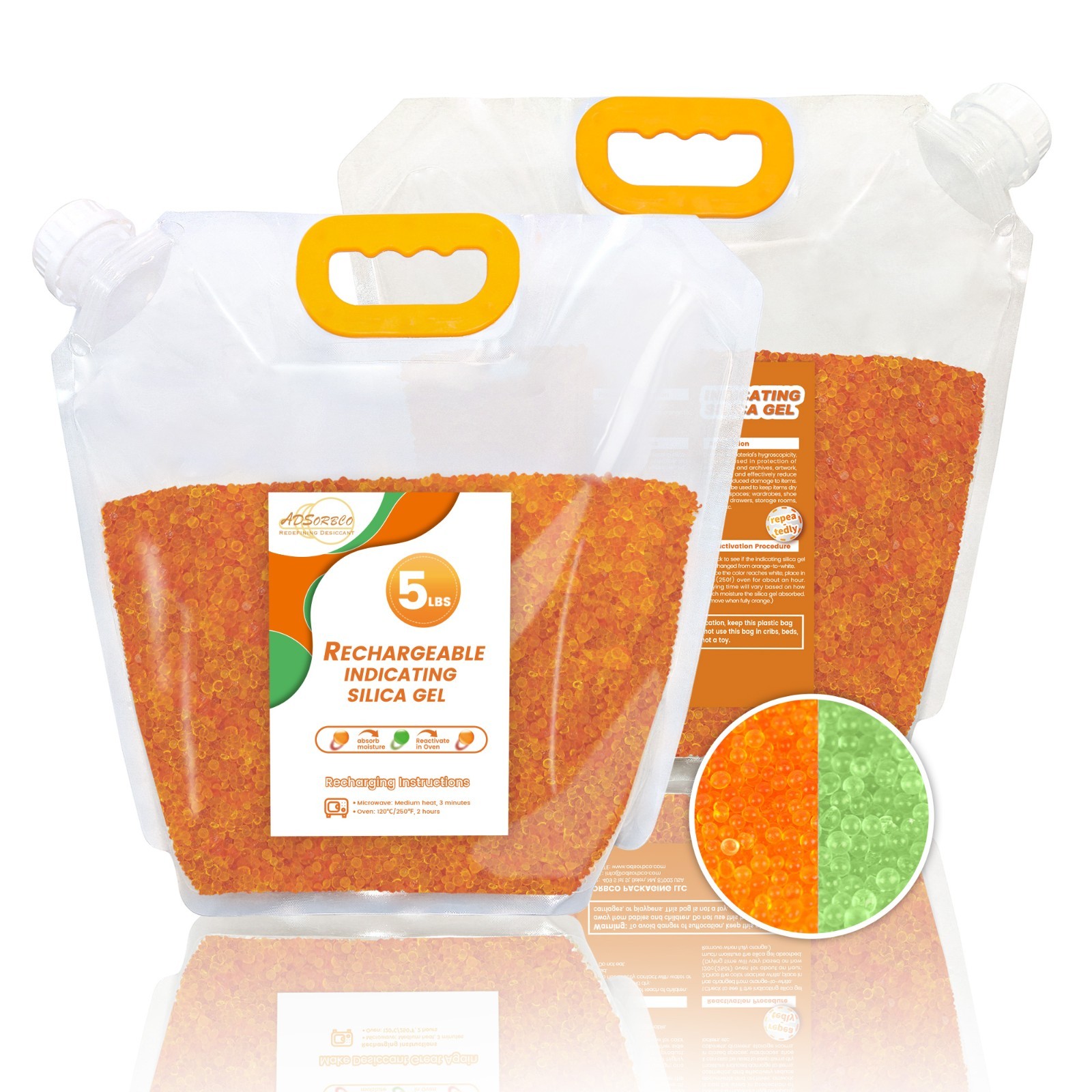5 LBS Adsorbco Desiccant Beads, Indicating Silica Gel Beads (orange to green)