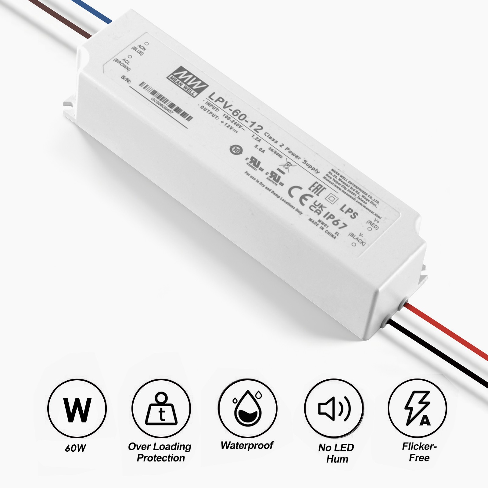 MEAN WELL 60W LPV-60-12 Sealed Panel Mount LPV Series AC-DC 12-volt 5-Amp Power