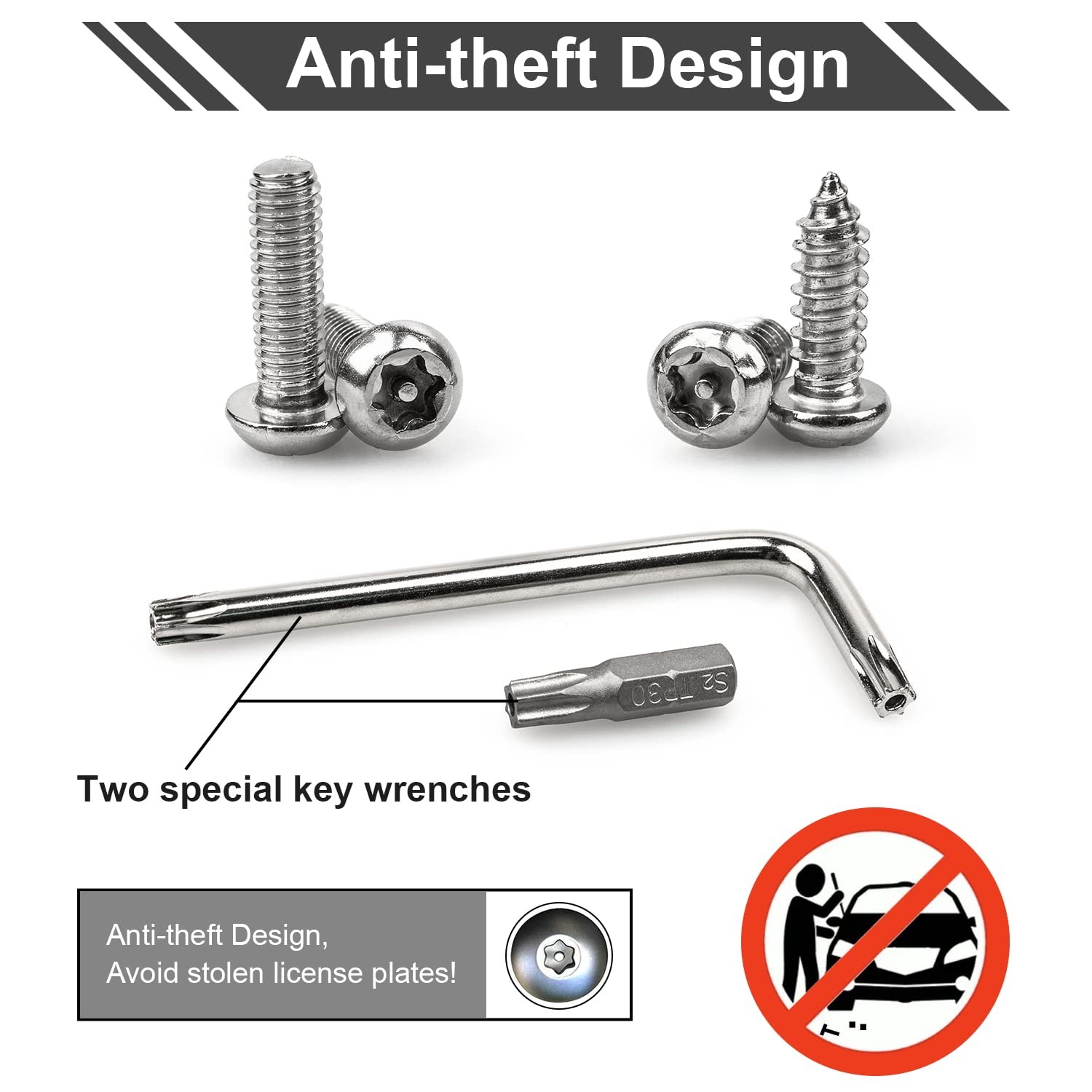 License Plate Screws Kits, Stainless Steel Anti Theft Mounting M6, Silver