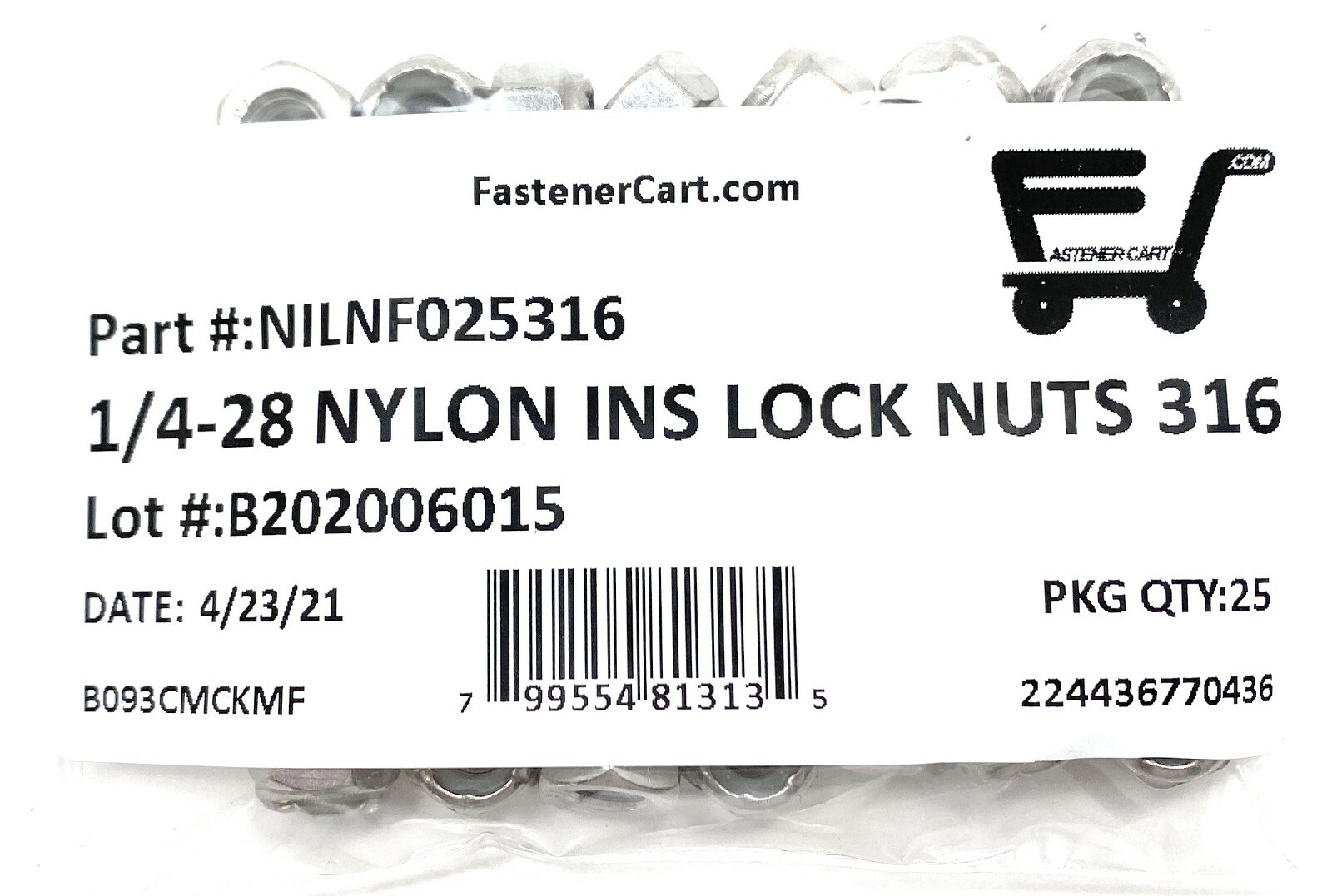 (25) 1/4-28 Stainless Steel Nylon Insert Lock Nuts – 316 Marine Grade Stainless