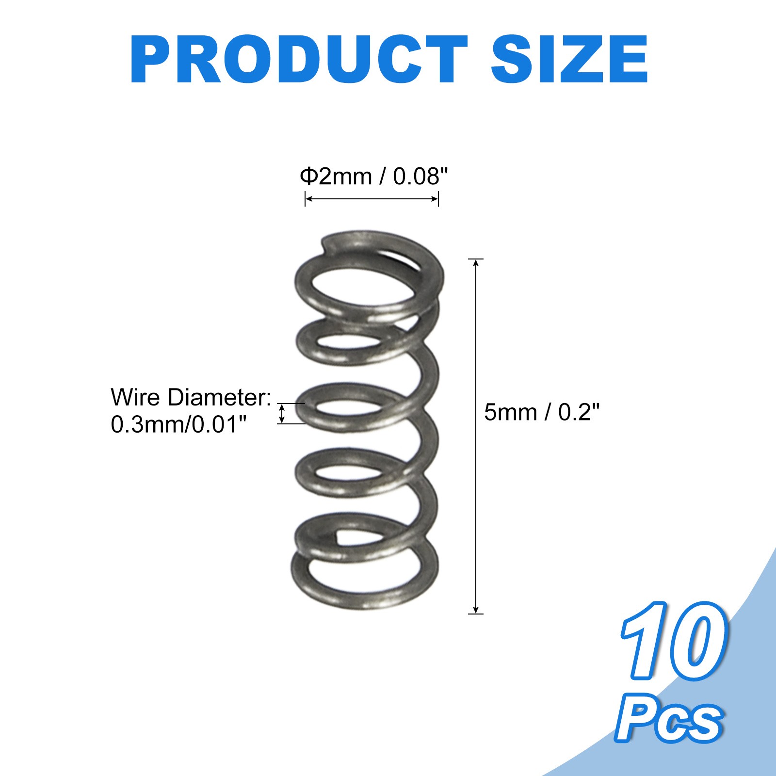 10Pcs Compression Spring 2mm OD 0.3mm Wire Size 5mm Free Length Silver Tone