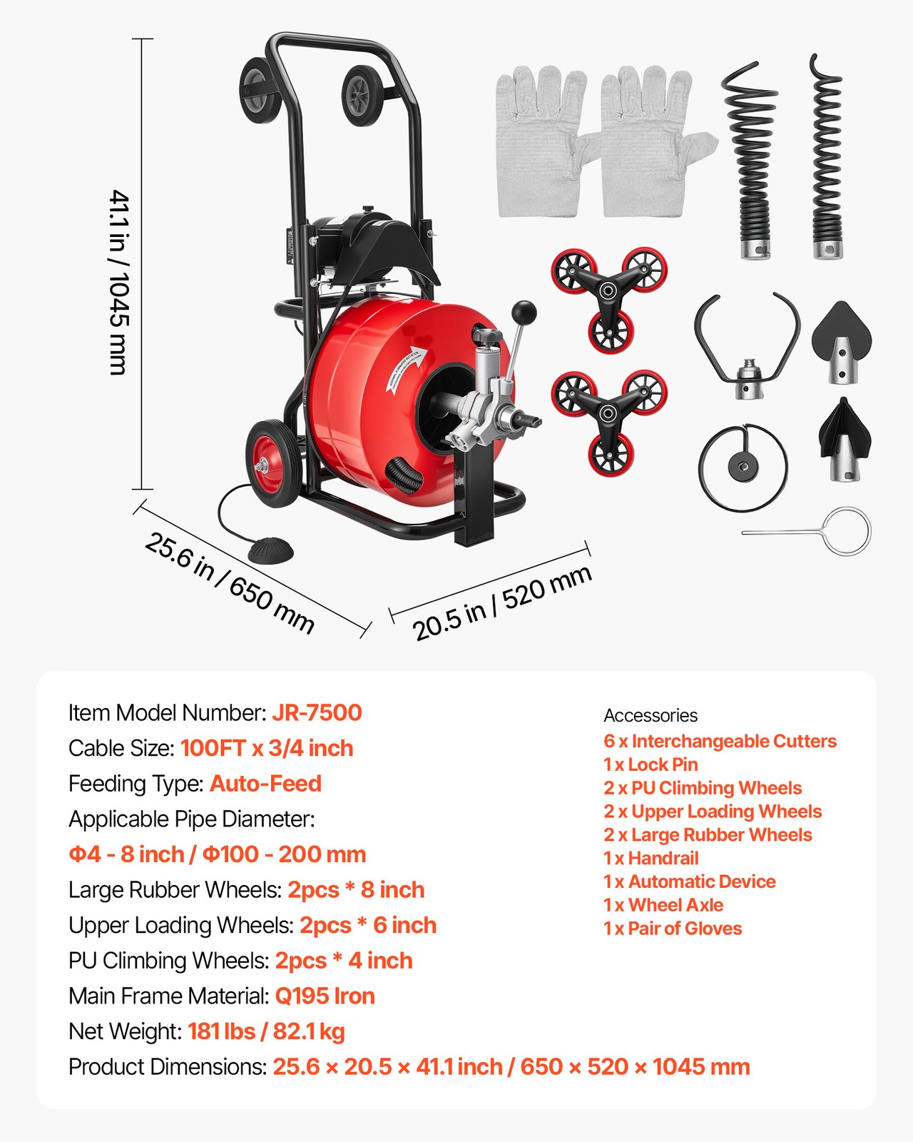 VEVOR Drain Cleaner Machine 100FT x 3/4Inch Auto Feed Sewer Auger & Multi Wheels