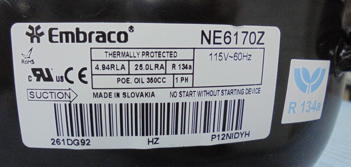 Embraco NE6170Z Refrigeration Compressor 115V 60HZ R134A 1PH