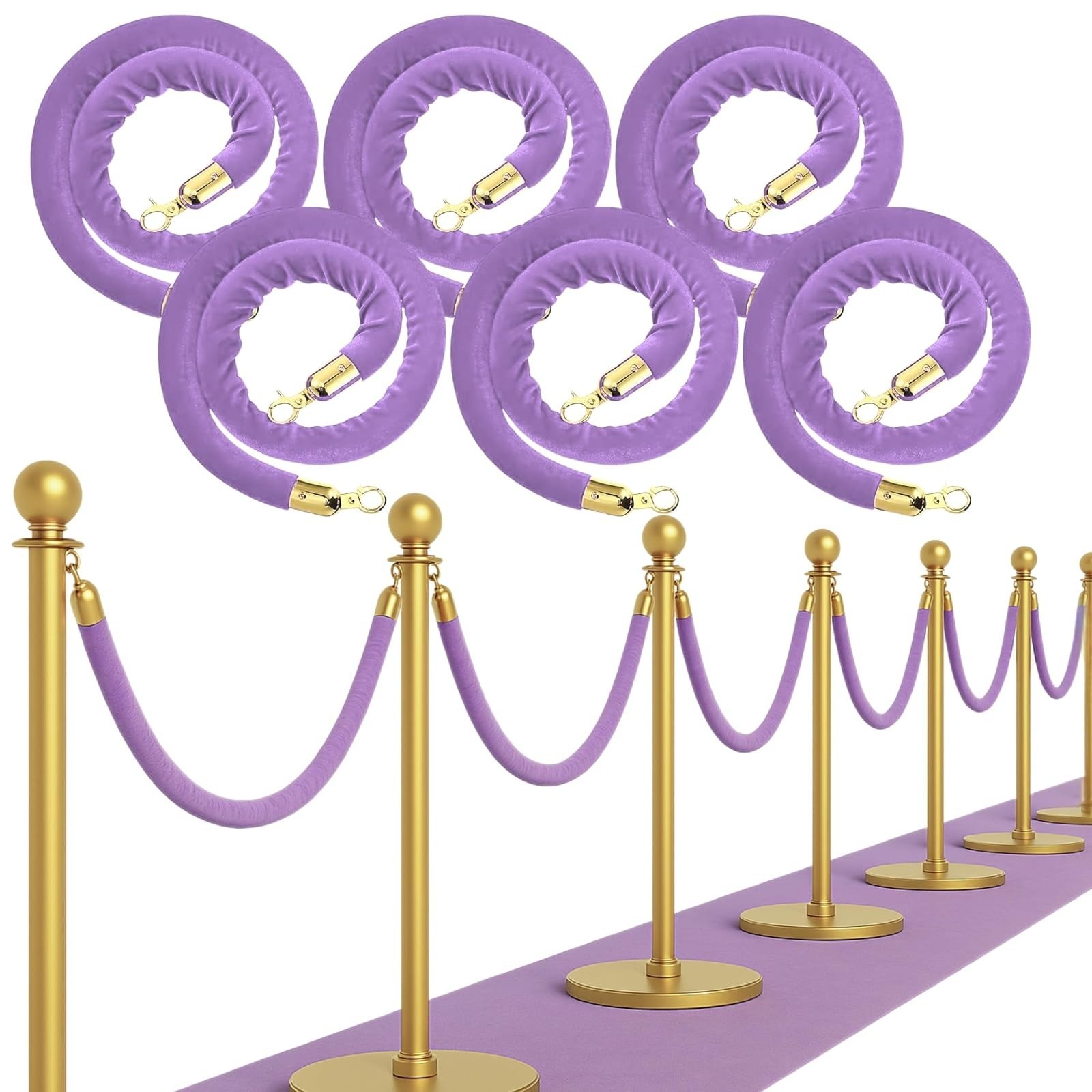 6PCS White Velvet Rope 5FT Stanchion Barrier for Events Crowd Control