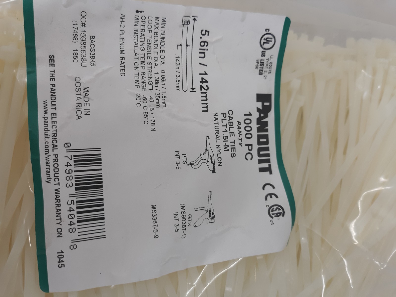 Panduit PLT1.5IM Natural Nylon Cable Ties 5.6″ 18 lb 1000 pcs Bag