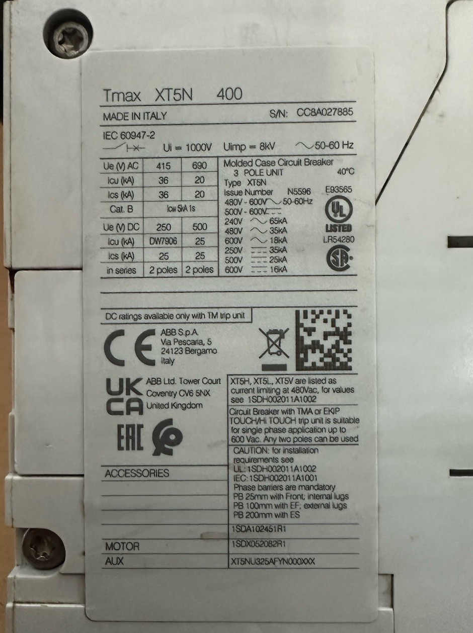ABB SACE TMAX XT5N 400 250 AMP LSI CC8A027885 XT5NU325AFYN000xxx