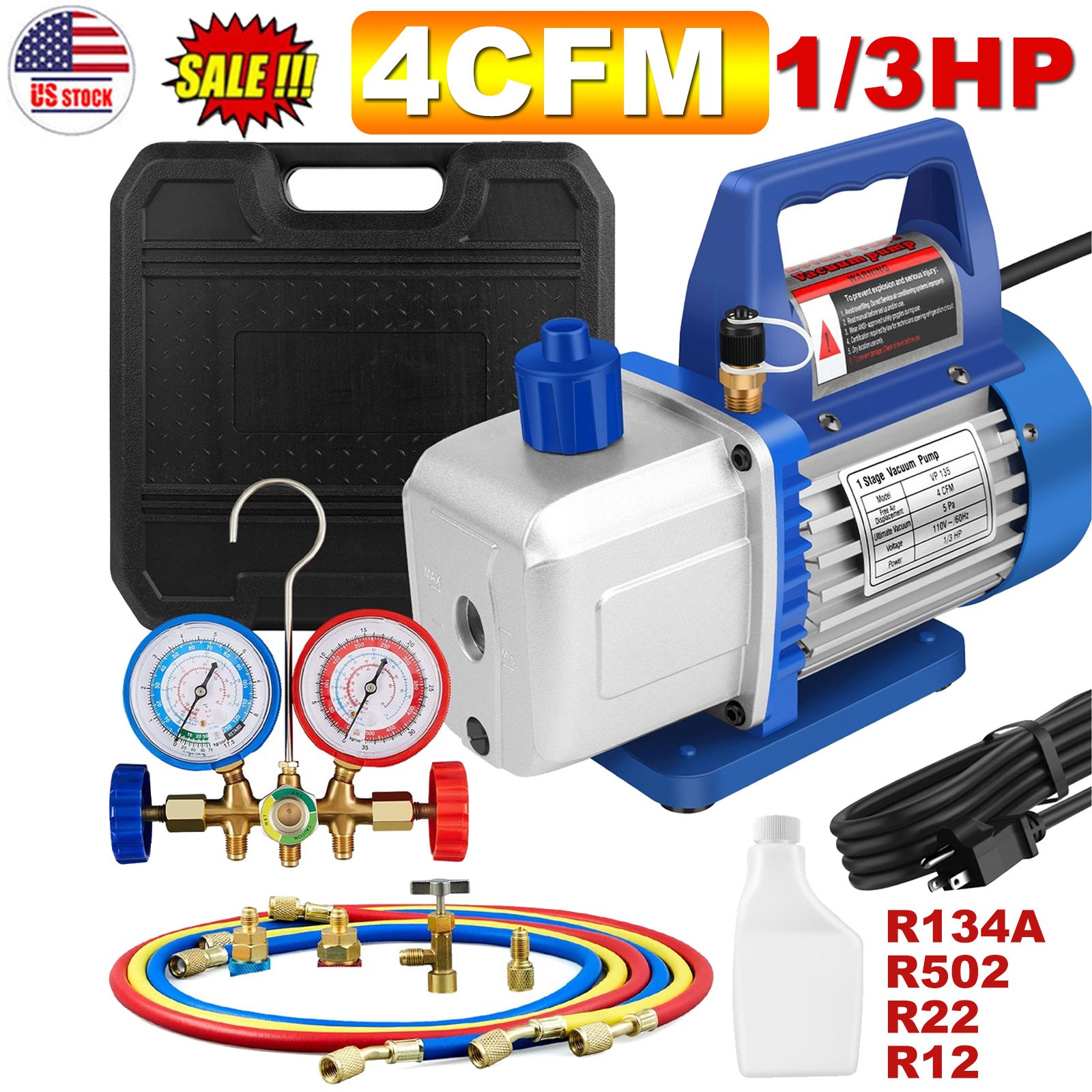 1/3HP 4CFM AC Vacuum Pump Kit w/ Manifold Gauge Set R134a R502 R22 HVAC Service