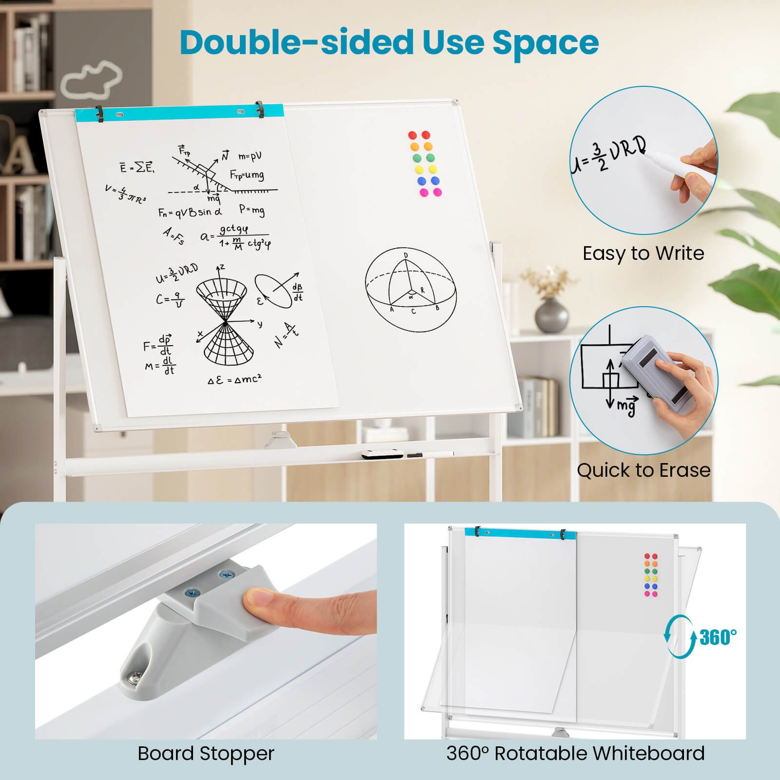 Costway Height Adjust 48″x36″ Mobile Magnetic Double-Sided Reversible Whiteboard