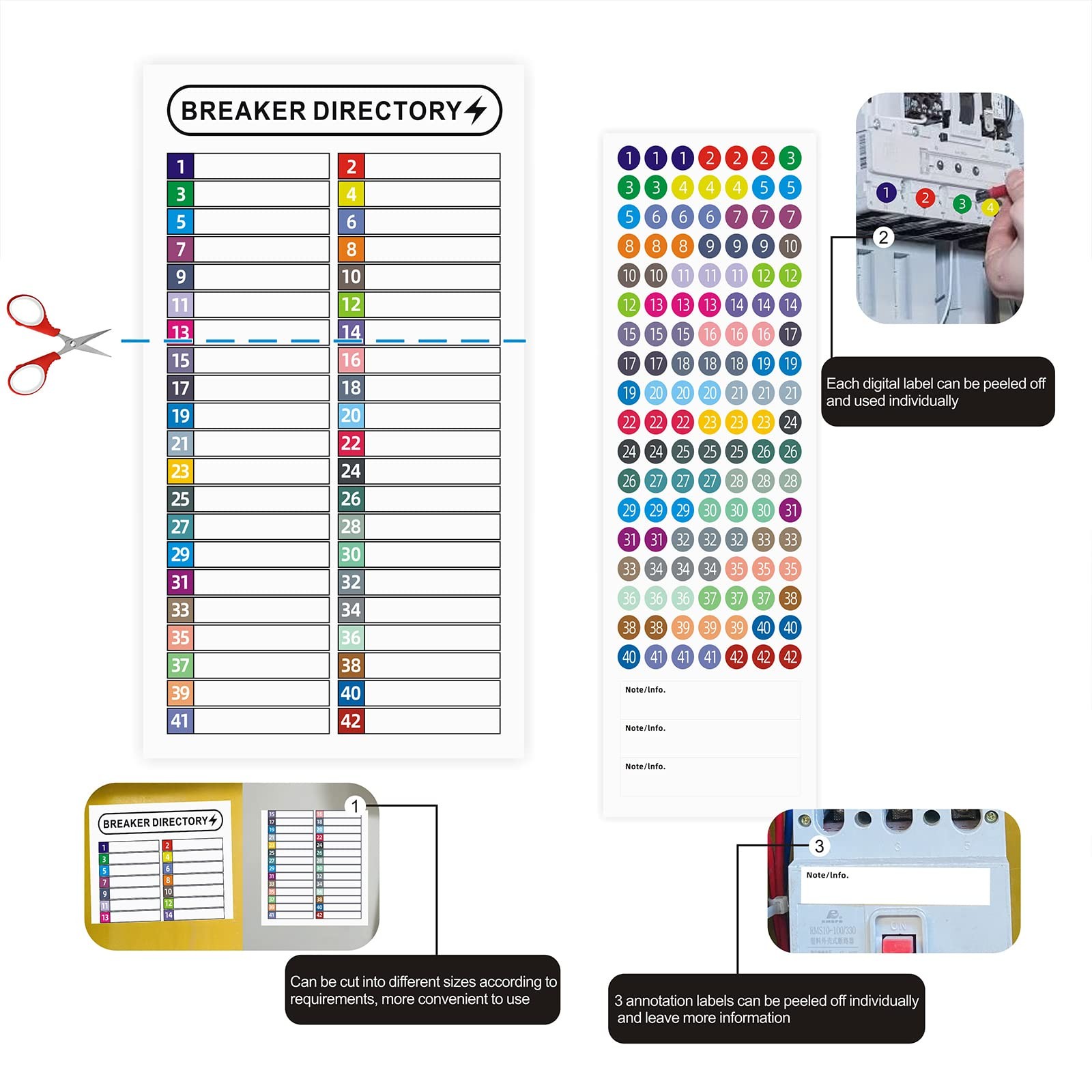 16 Sheets Breaker Panel Labels Electrical Box 11.8 x 7.1 inches, Mix Colors