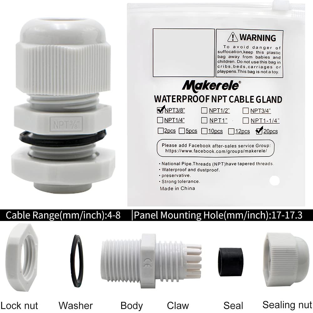 MAKERELE Wire Strain Relief NPT 3/8”Nylon Cord Grips 3/8″ 20pcs BAG, Grey