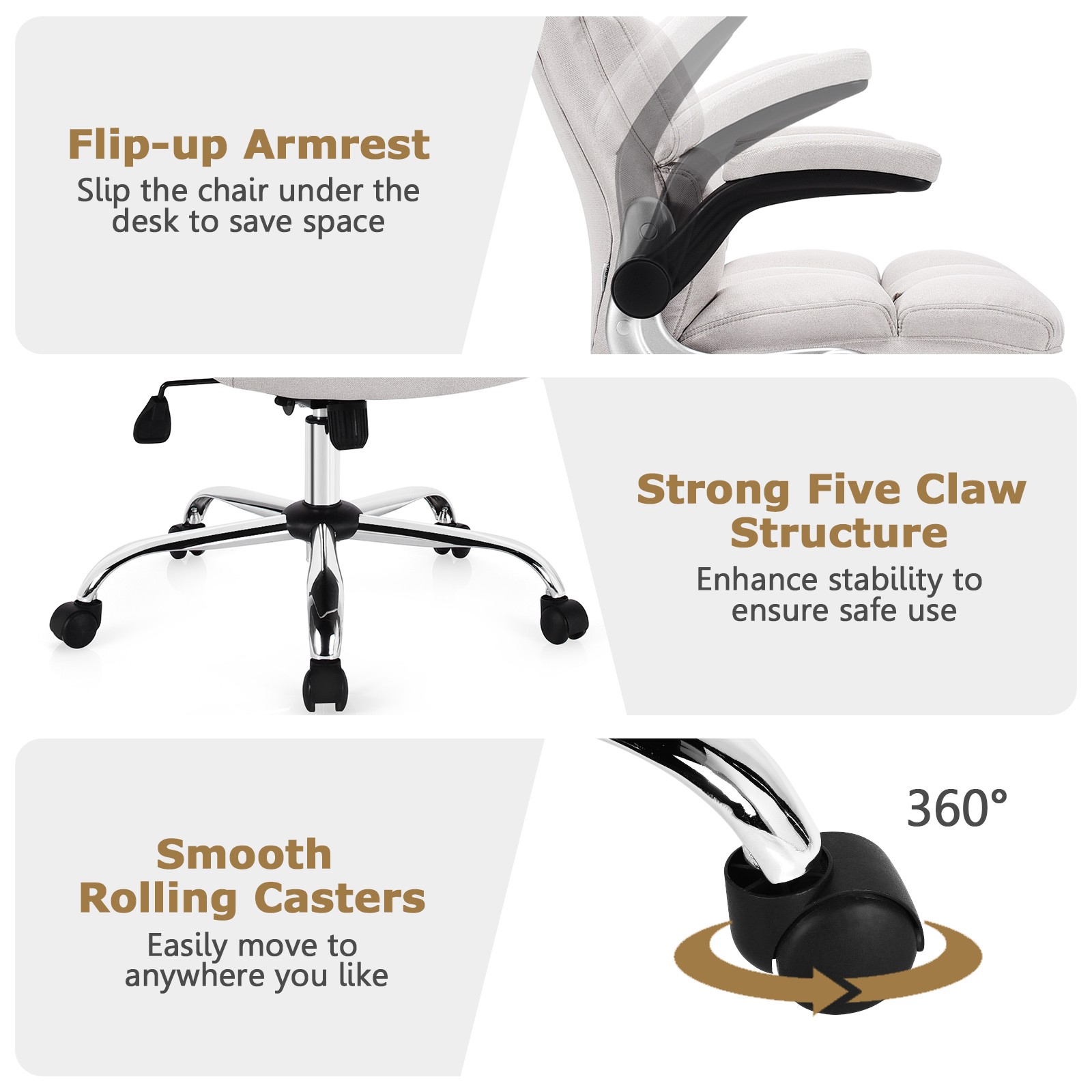 Costway High Back Big & Tall Office Chair Adjustable Swivel w/Flip-up Arm Beige
