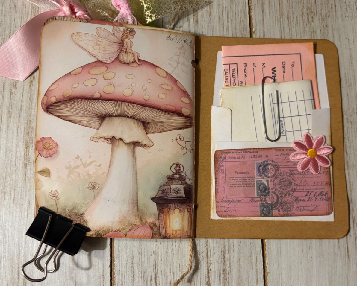 Junk Journal Handmade Booklet Book Vintage «Pink Fairies» Pockets, Ephemera