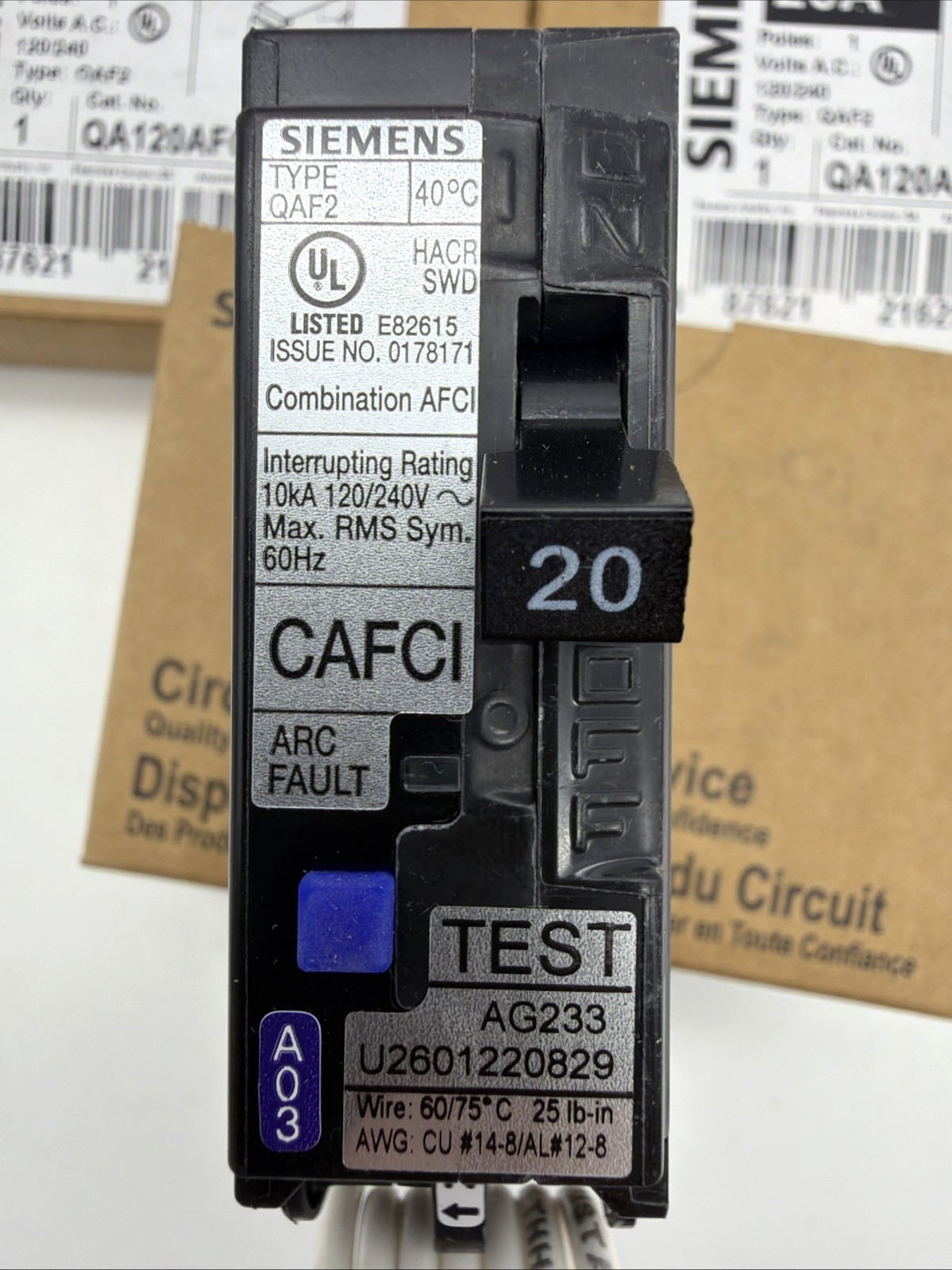 SIEMENS QA120AFC QA120AFCCSA 20A 1-POLE AFCI BREAKER 120V 10KA UL NEW LOT OF 5