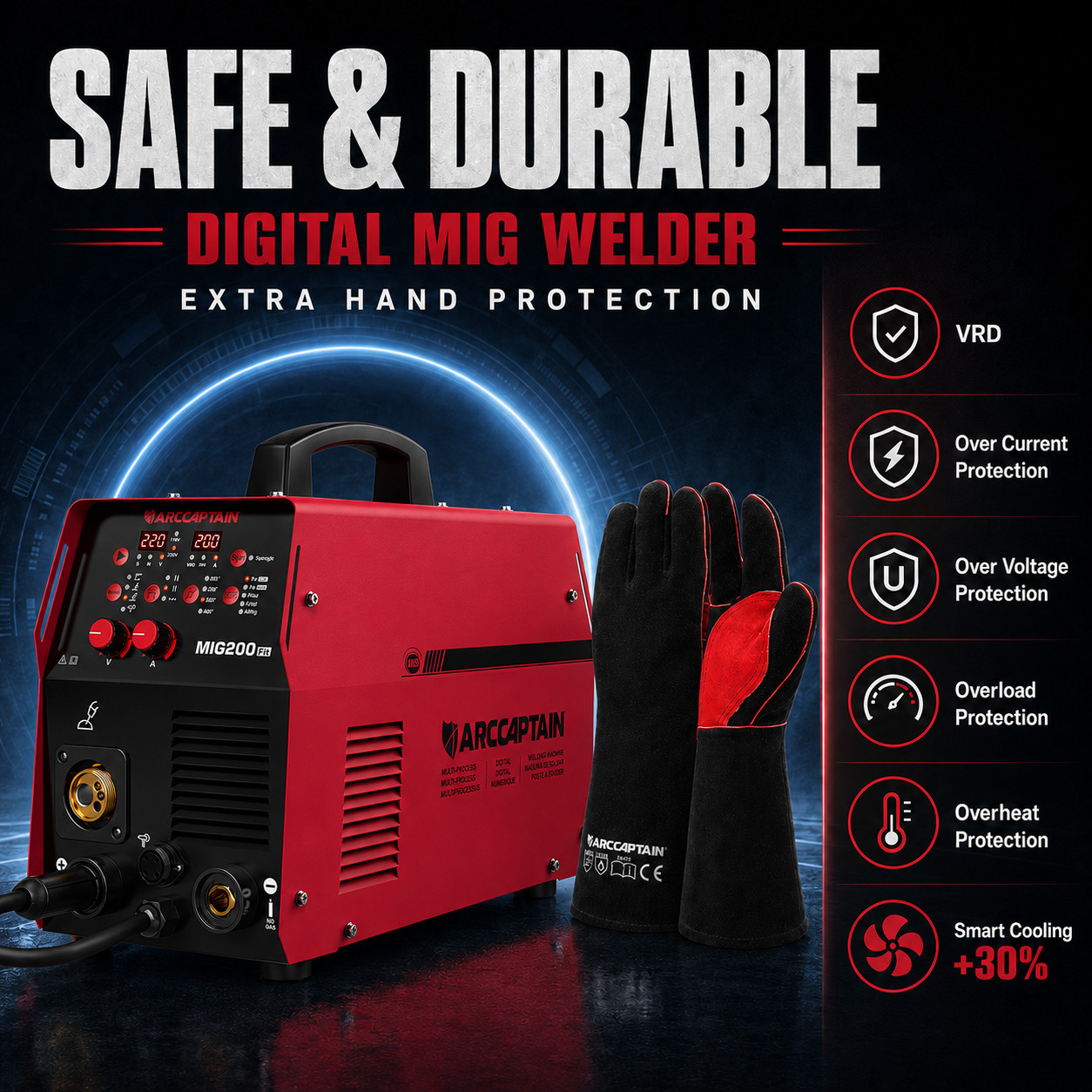 ARCCAPTAIN 6-in-1 Aluminum MIG Welder, 200A Flux Core MIG/Gas MIG/Lift TIG