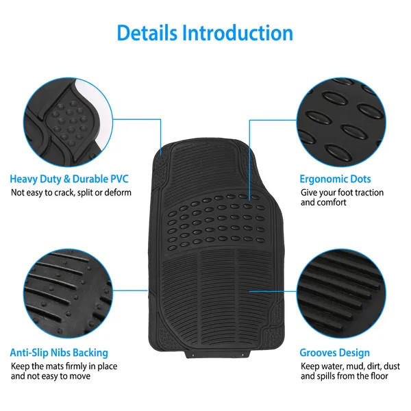 4Pcs PVC Rubber Car Floor Mats Front Rear Set Trimmable Universal Fit SUVs