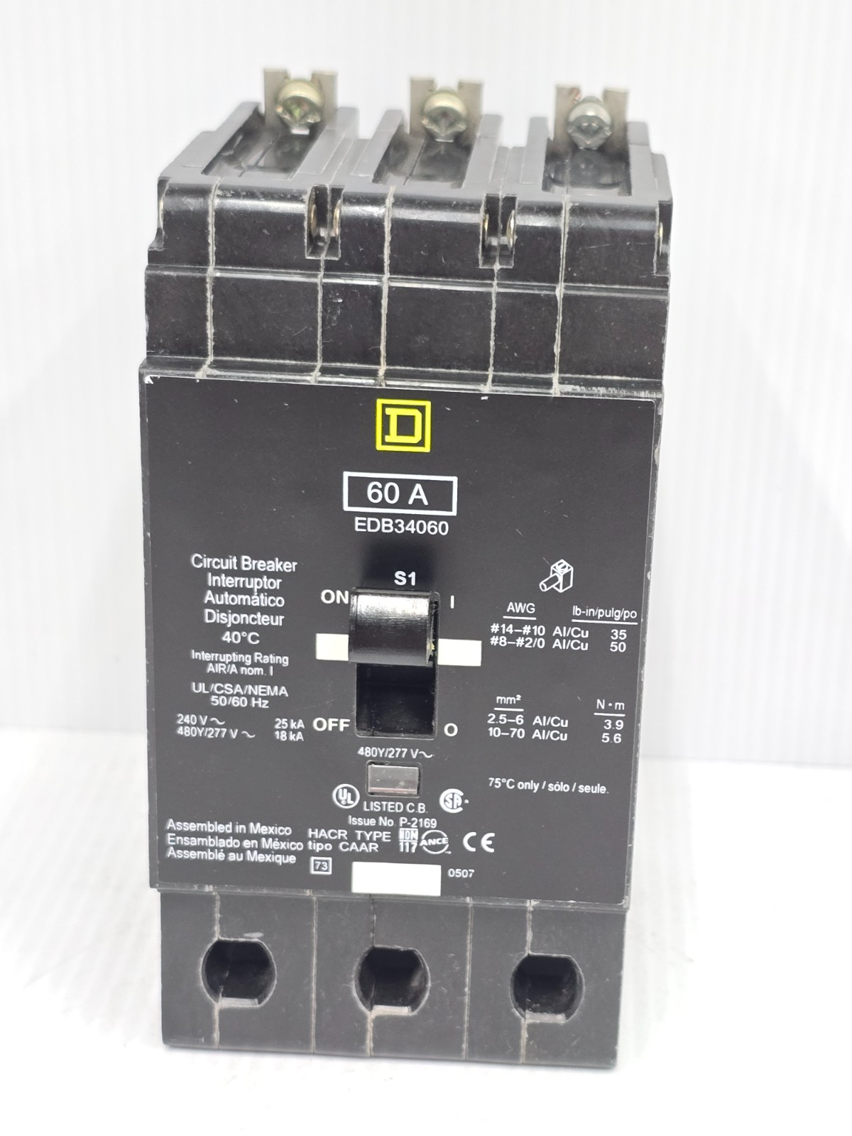 Square D 60 Amp Bolt-On Circuit Breaker 480Y/277 VAC 3 Pole 25 kA EDB34060