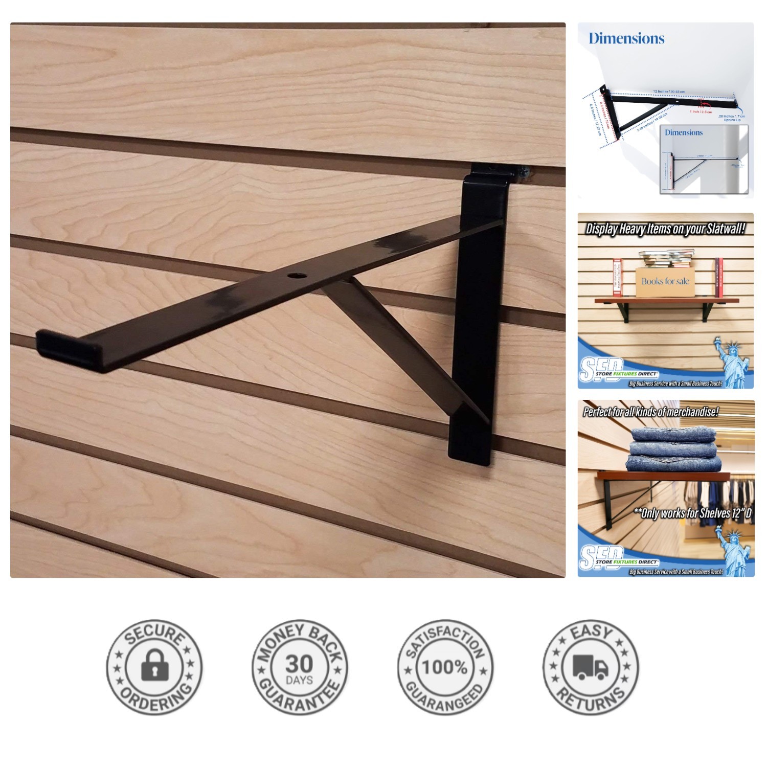 12″ Black Heavy Duty Slatwall Brackets – Securely Display Your Shelves (4 Pack)