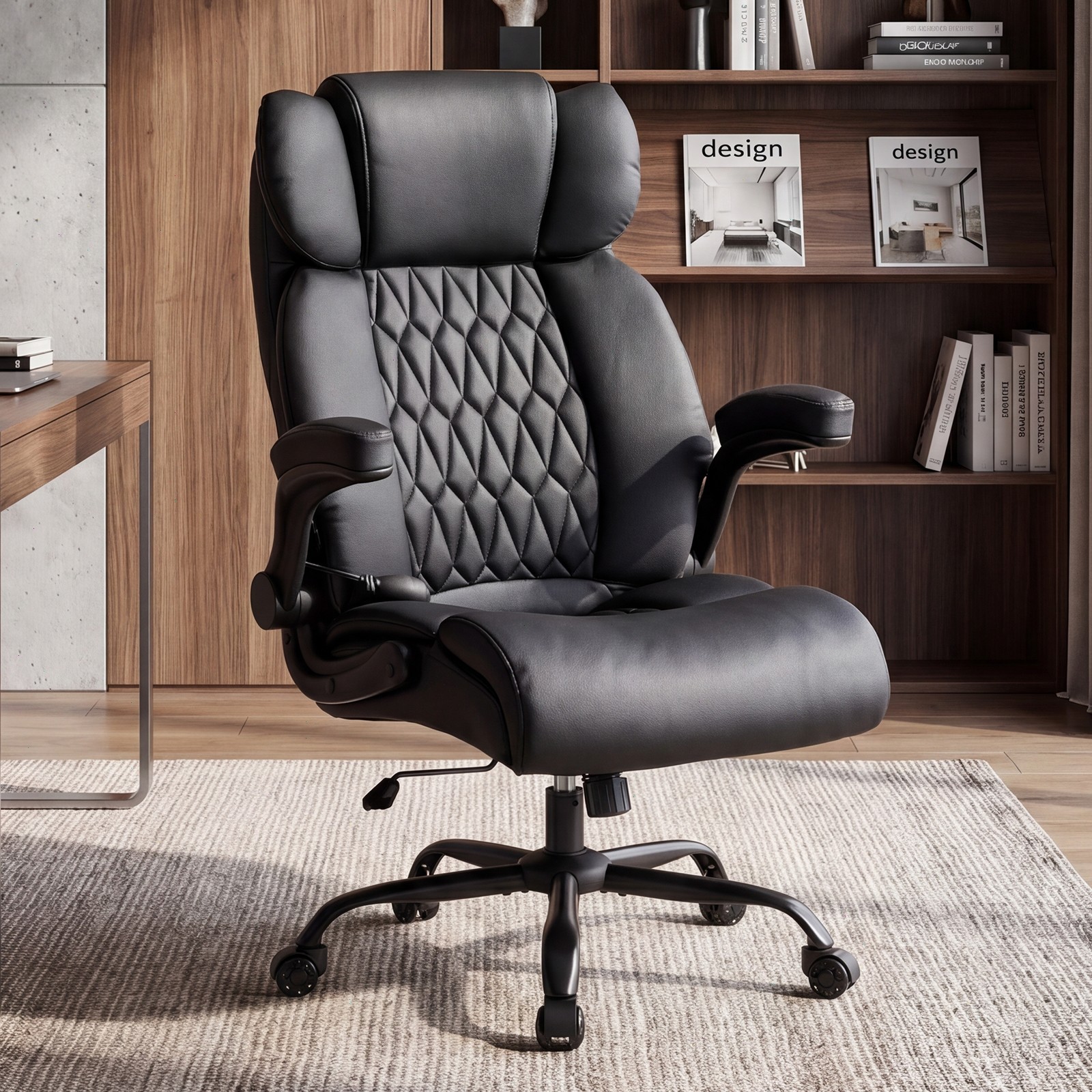 Big and Tall Office Chair 500LBS Flip Up Arms Adjustable Lumbar Support Black