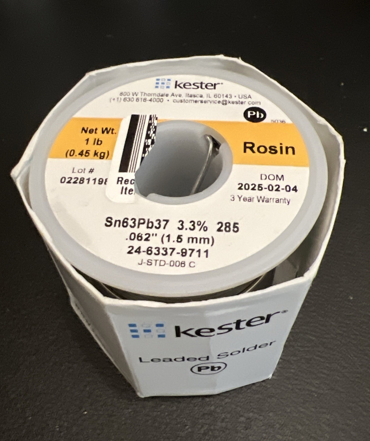 Kester 24-6337-9711 Solder Wire Spool – Rosin Core – Electronics Grade DOM: 2025