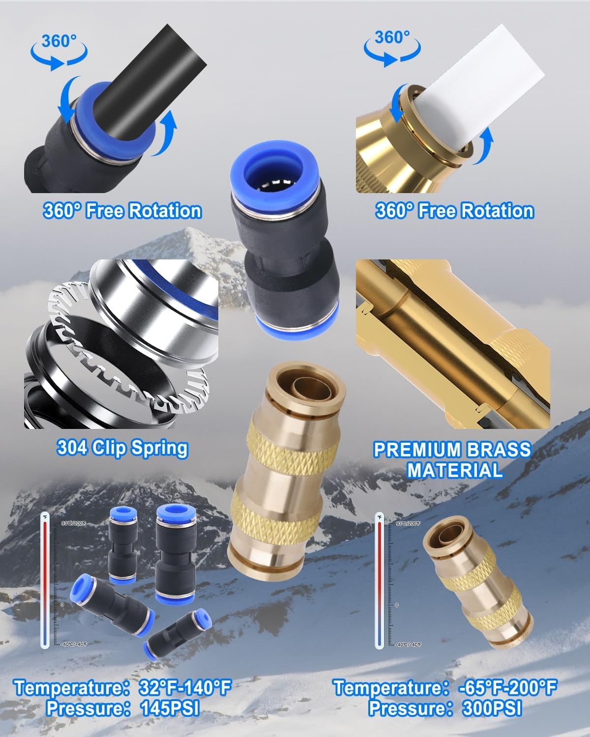 50PCS Push to Connect Fittings Kit, Plastic and Brass Combination Quick Connect