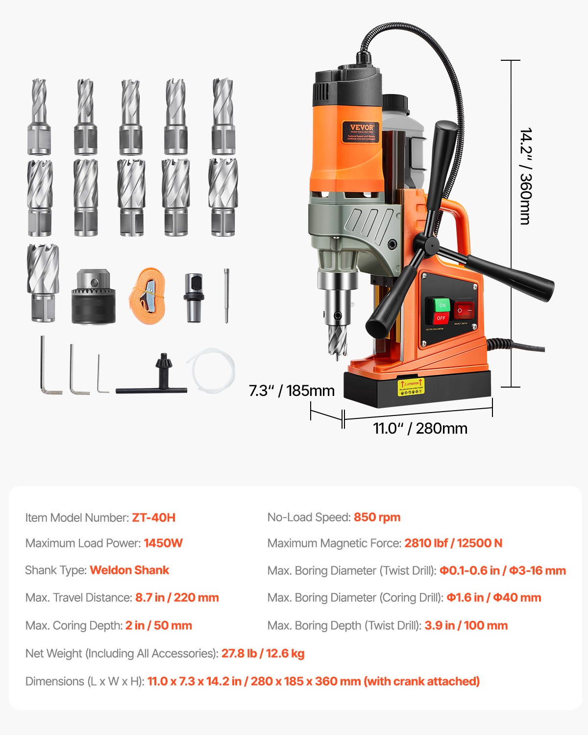 Magnetic Drill 1450W 2810 lbf Mag Drill Press 1.6 in Boring Diameter 11 Bits