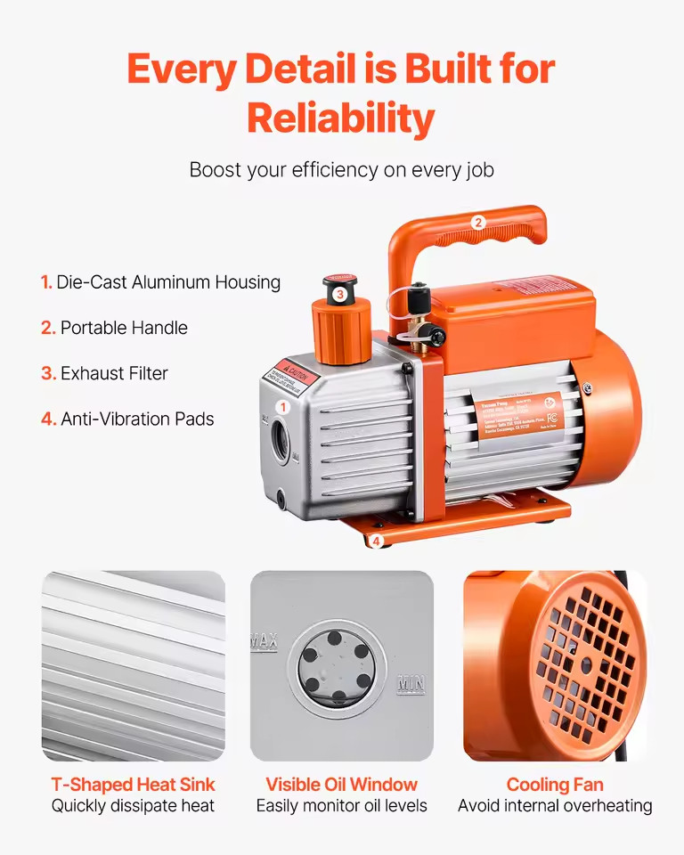 HVAC Vacuum Pump 3.5CFM 1/4HP Single Stage For AC R134a R410a Auto Refrigerant