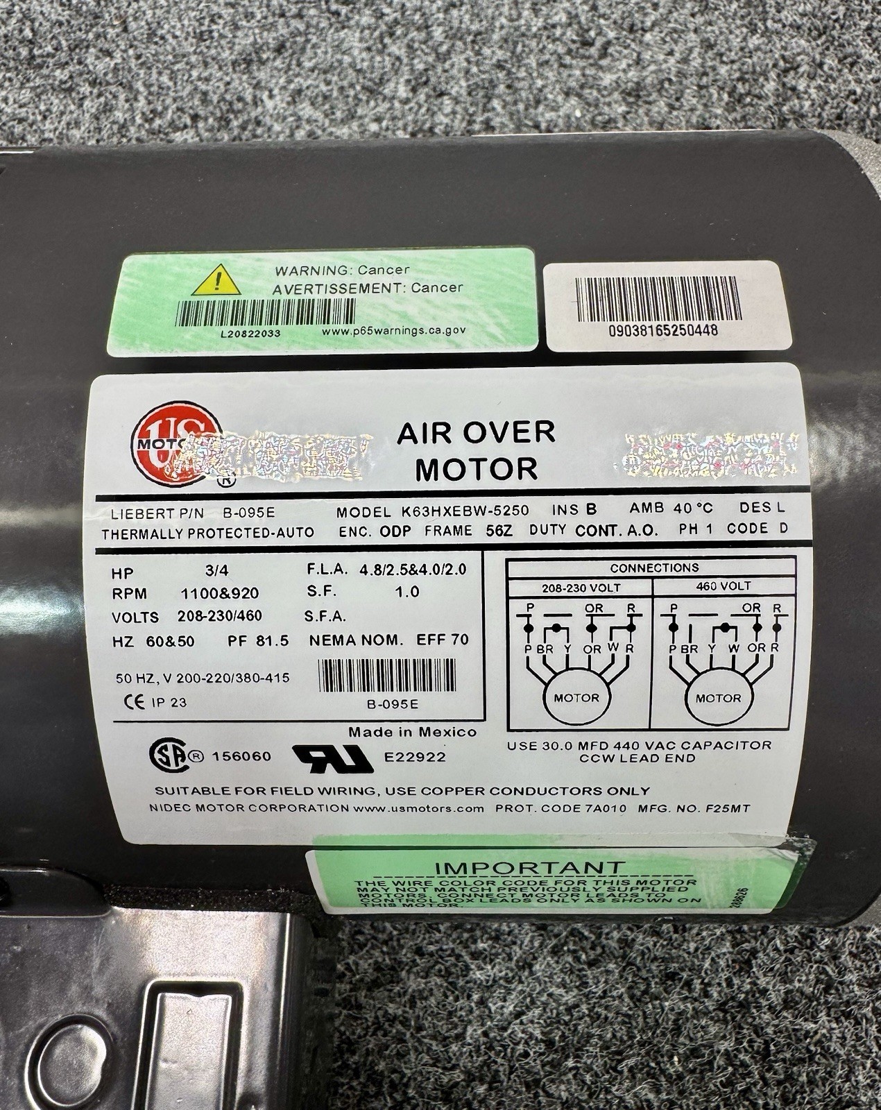LIEBERT KIT-095E Condenser Fan Motor 208-230/460V AC, 3/4 hp, 1 Phase