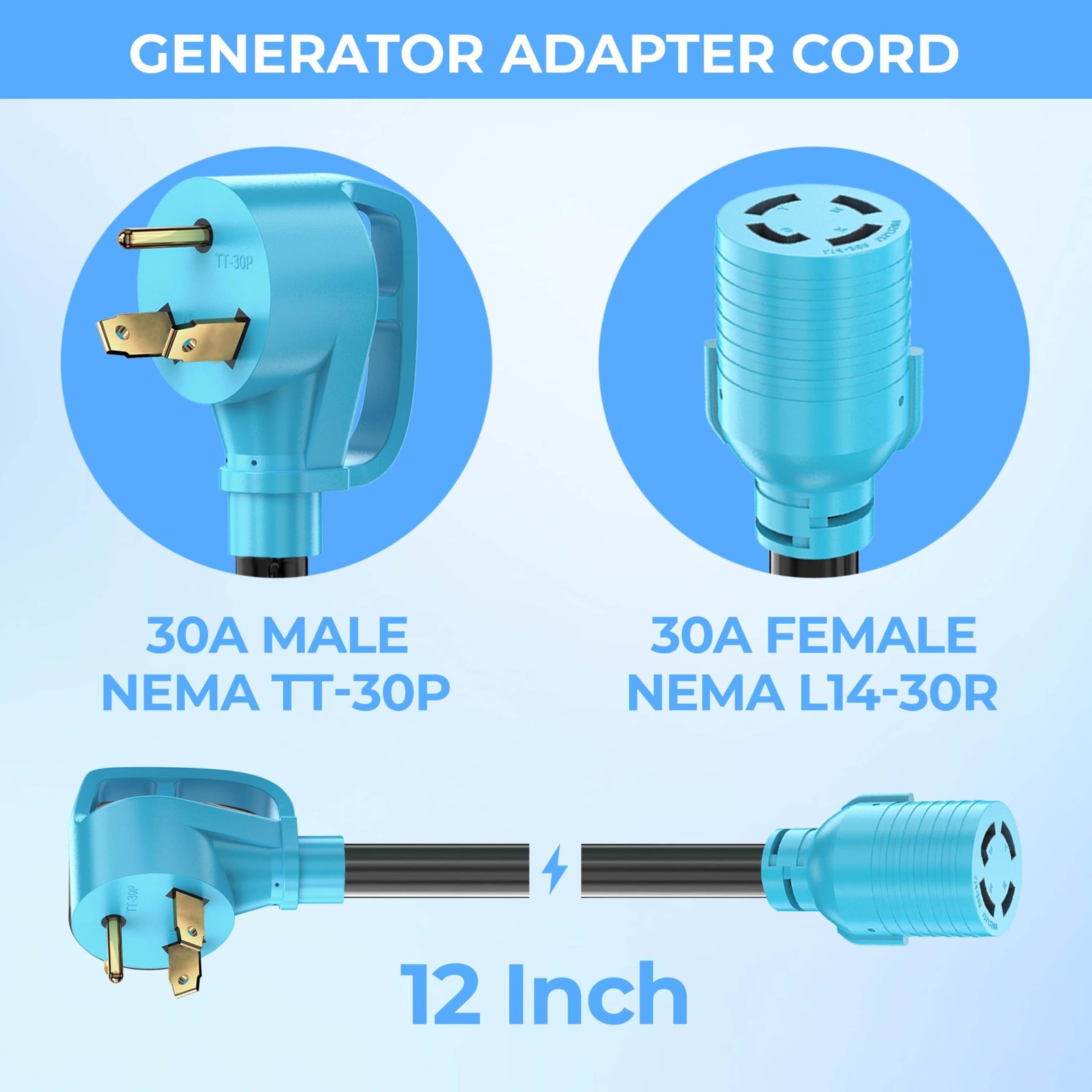 CircleCord NEMA TT-30P to L14-30R Adapter Cord, 30 Amp 3 TT-30P/L14-30R, Blue